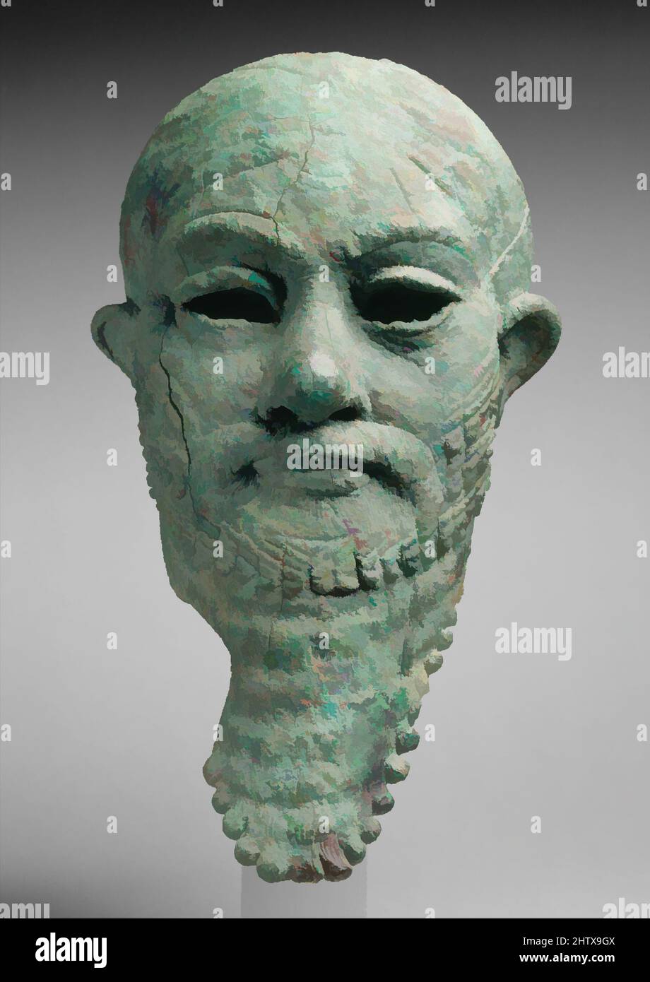 Kunst inspiriert vom Herrscher, frühe Bronzezeit, ca. 2300–2000 v. Chr., Iran oder Mesopotamien, Kupferlegierung, 13 1/2in. (34,3cm), Metallarbeiten-Skulptur, die Identität dieses lifesize-Kopfes und dessen Entstehung bleiben ein Rätsel. Die fachmännische Handwerkskunst und innovative Technologie beteiligt, Classic Works modernisiert von Artotop mit einem Spritzer der Modernität. Formen, Farbe und Wert, auffällige visuelle Wirkung auf Kunst. Emotionen durch Freiheit von Kunstwerken auf zeitgemäße Weise. Eine zeitlose Botschaft, die eine wild kreative neue Richtung verfolgt. Künstler, die sich dem digitalen Medium zuwenden und die Artotop NFT erschaffen Stockfoto