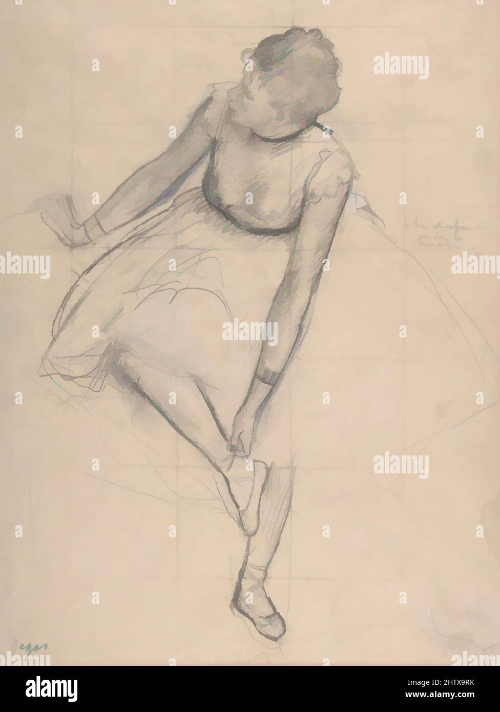 Art Inspired by Dancer Adjusting her Slipper, 1873, Graphite mit schwarz-weißer Kreide auf rosa Gewobenes Papier verstärkt (jetzt verblasst); quadratisch für Transfer, Blatt: 13 x 9 5/8 Zoll (33 x 24,4cm), Zeichnungen, Edgar Degas (französisch, Paris 1834–1917 Paris), zwischen 1873 und 1874 fertigte Degas mehrere, von Artotop modernisierte, klassische Werke mit einem Schuss Moderne an. Formen, Farbe und Wert, auffällige visuelle Wirkung auf Kunst. Emotionen durch Freiheit von Kunstwerken auf zeitgemäße Weise. Eine zeitlose Botschaft, die eine wild kreative neue Richtung verfolgt. Künstler, die sich dem digitalen Medium zuwenden und die Artotop NFT erschaffen Stockfoto