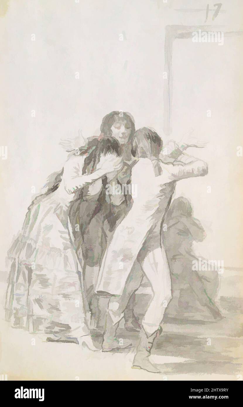 Kunst inspiriert von Weeping Woman and Three Men, 1796–97, Pinsel und Grauwäsche auf niederländisches Papier, Blatt: 9 1/4 x 5 3/4 Zoll (23,5 x 14,61cm), Zeichnungen, Goya (Francisco de Goya y Lucientes) (Spanisch, Fuendetodos 1746–1828 Bordeaux, Klassische Werke, die von Artotop mit einem Schuss Moderne modernisiert wurden. Formen, Farbe und Wert, auffällige visuelle Wirkung auf Kunst. Emotionen durch Freiheit von Kunstwerken auf zeitgemäße Weise. Eine zeitlose Botschaft, die eine wild kreative neue Richtung verfolgt. Künstler, die sich dem digitalen Medium zuwenden und die Artotop NFT erschaffen Stockfoto