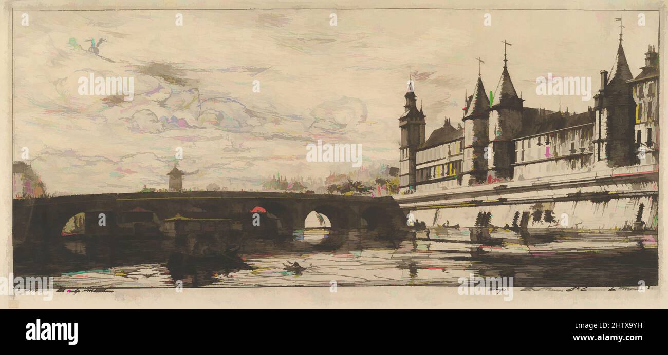 Art inspired by Le Pont au Change, 1854, Radierung mit Zusätzen in Graphit; Siebter Zustand, Blatt: 7 3/16 x 14 1/16 Zoll (18,2 x 35,7 cm), Drucke, Charles Meryon (französisch, 1821–1868), während Paris zu einer modernen europäischen Stadt wurde, klammerte sich Meryon an die Sehenswürdigkeiten seiner ältesten Strukturen, Classic Works, die von Artotop mit einem Schuss Moderne modernisiert wurden. Formen, Farbe und Wert, auffällige visuelle Wirkung auf Kunst. Emotionen durch Freiheit von Kunstwerken auf zeitgemäße Weise. Eine zeitlose Botschaft, die eine wild kreative neue Richtung verfolgt. Künstler, die sich dem digitalen Medium zuwenden und die Artotop NFT erschaffen Stockfoto