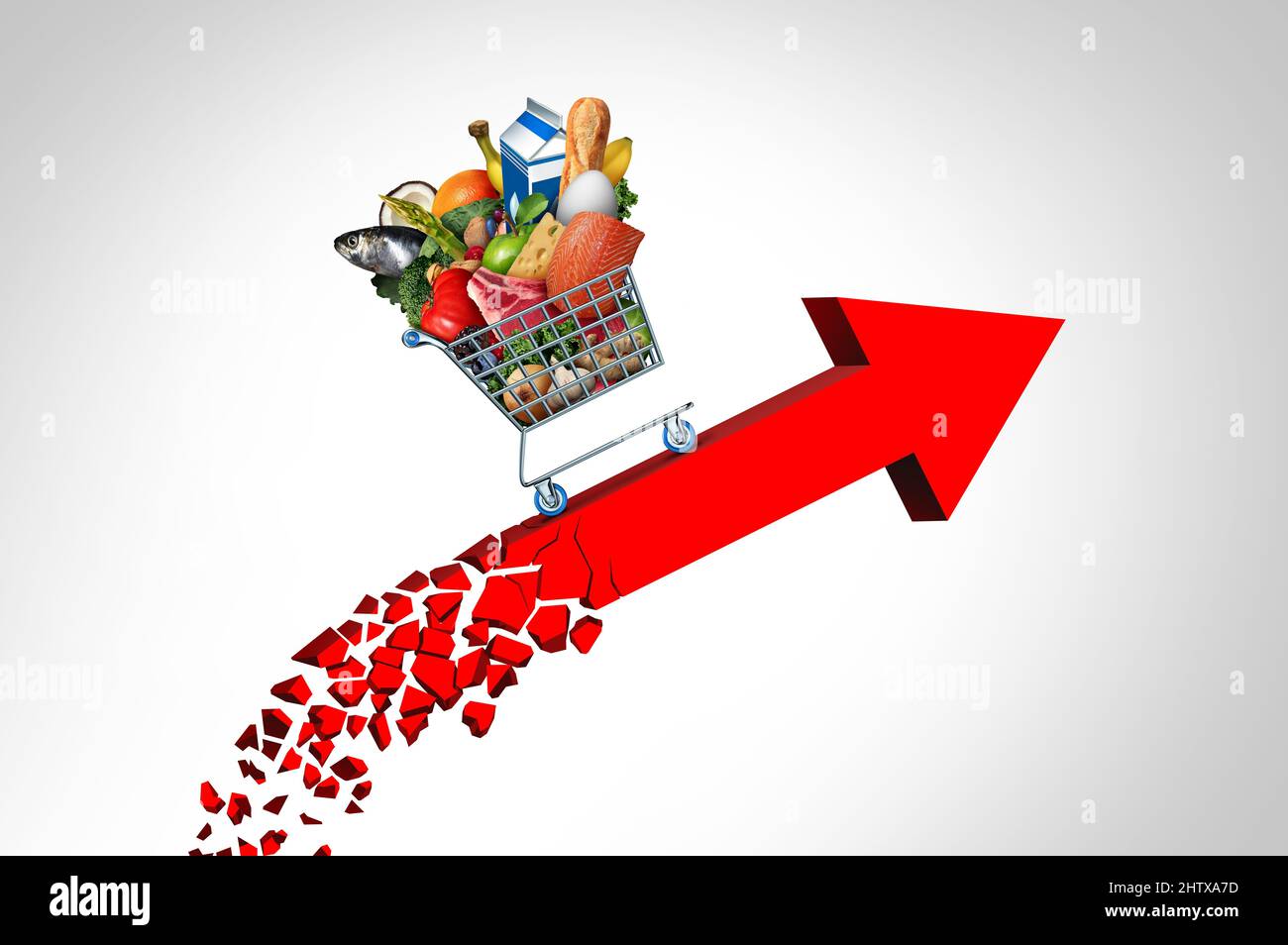 Steigende Lebensmittelkosten und steigende Lebensmittelpreise die steigenden Kosten für Lebensmittel in Supermärkten als ein Konzept der Inflationsfinanzkrise, das aus einem Papiersack geformt wurde. Stockfoto