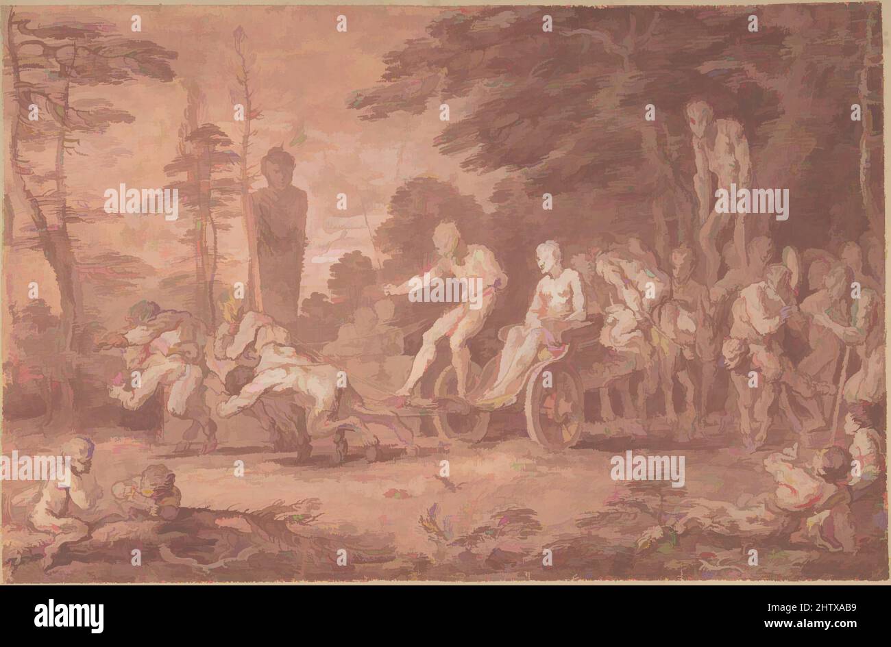 Kunst, inspiriert von der gestörten Prozession, Pinselspitze mit Gouache und roter Wäsche, über Stift und schwarzer Tuscheunterzeichnung, auf vorbereitetem weißen Büttenpapier, 8 5/8 x 13 1/4 Zoll (21,9 x 33,7 cm), Zeichnungen, Claude Gillot (französisch, Langres 1673–1722 Paris, Klassische Werke, die von Artotop mit einem Schuss Moderne modernisiert wurden. Formen, Farbe und Wert, auffällige visuelle Wirkung auf Kunst. Emotionen durch Freiheit von Kunstwerken auf zeitgemäße Weise. Eine zeitlose Botschaft, die eine wild kreative neue Richtung verfolgt. Künstler, die sich dem digitalen Medium zuwenden und die Artotop NFT erschaffen Stockfoto