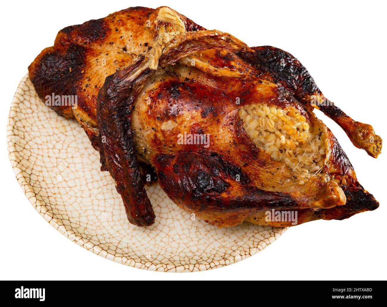 Hausgemachte gebratene Ente gefüllt mit Perlgerste Stockfoto