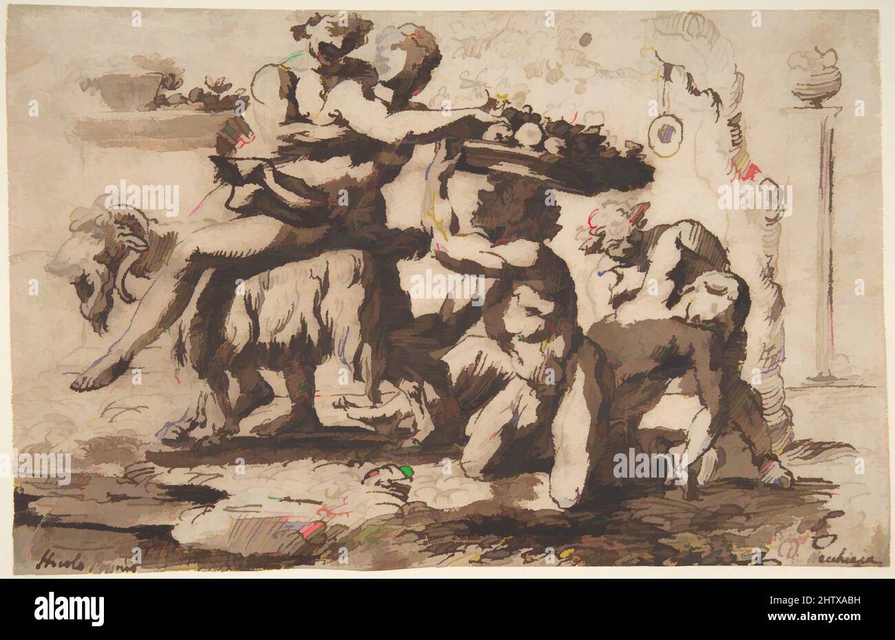 Kunst inspiriert von Bacchanal, ca. 1635–36, Stift und braune Tinte, Pinsel und braune Wäsche, über schwach schwarzer Kreideunterzeichnung, 5 1/4 x 8 1/8 Zoll (13,3 x 20,6 cm.), Zeichnungen, Nicolas Poussin (französisch, Les Andelys 1594–1665 Rom), Obwohl er den größten Teil seiner Karriere in Rom verbrachte, war Poussin, klassische Werke, die von Artotop mit einem Schuss Moderne modernisiert wurden. Formen, Farbe und Wert, auffällige visuelle Wirkung auf Kunst. Emotionen durch Freiheit von Kunstwerken auf zeitgemäße Weise. Eine zeitlose Botschaft, die eine wild kreative neue Richtung verfolgt. Künstler, die sich dem digitalen Medium zuwenden und die Artotop NFT erschaffen Stockfoto