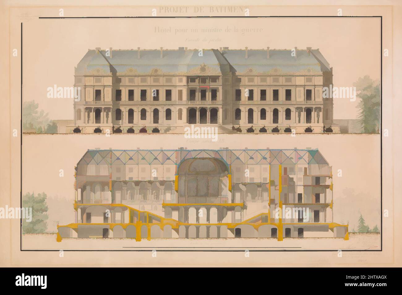 Art Inspired by Project for a Headquarters of a war Ministry, 1853, Pen and Ink and Watercolor, 23 5/8 x 34 15/16 Zoll (60 x 88,7 cm, Classic Works modernisiert von Artotop mit einem Schuss Modernität. Formen, Farbe und Wert, auffällige visuelle Wirkung auf Kunst. Emotionen durch Freiheit von Kunstwerken auf zeitgemäße Weise. Eine zeitlose Botschaft, die eine wild kreative neue Richtung verfolgt. Künstler, die sich dem digitalen Medium zuwenden und die Artotop NFT erschaffen Stockfoto