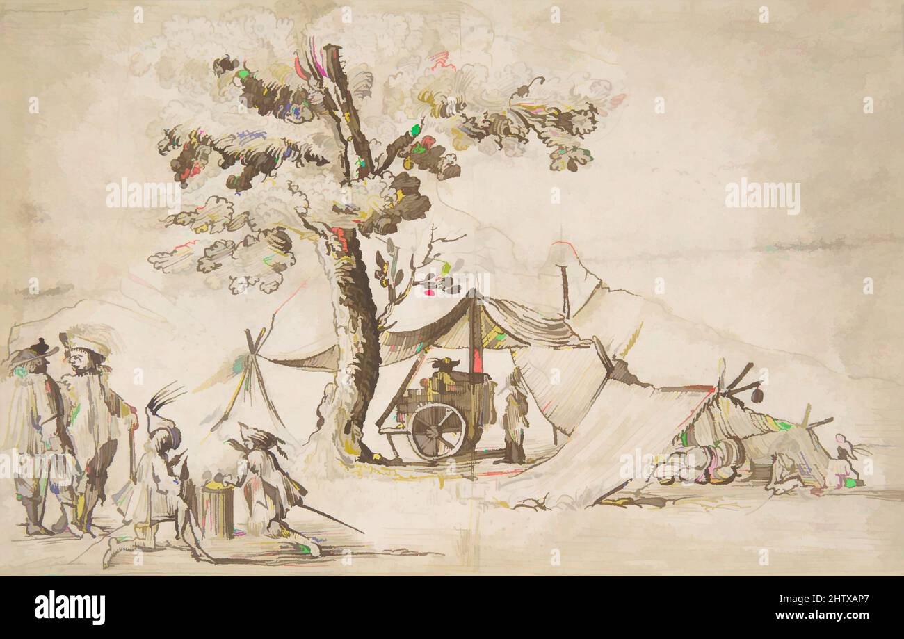 Kunst inspiriert von Biwak, N.D., Stift und brauner Tinte, 3 1/4 x 5 1/8 Zoll (8,3 x 13 cm.), Zeichnungen, nach Jacques Callot (Französisch, Nancy 1592–1635 Nancy, Klassische Werke, die von Artotop mit einem Schuss Moderne modernisiert wurden. Formen, Farbe und Wert, auffällige visuelle Wirkung auf Kunst. Emotionen durch Freiheit von Kunstwerken auf zeitgemäße Weise. Eine zeitlose Botschaft, die eine wild kreative neue Richtung verfolgt. Künstler, die sich dem digitalen Medium zuwenden und die Artotop NFT erschaffen Stockfoto