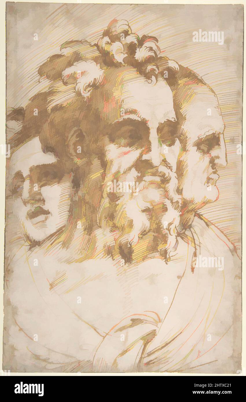 Art Inspired by Three Male Heads, 1493–1560, Pen and Brown ink over traces of black Chalk, 12-5/8 x 8-1/8 in. (32,1 x 20,6 cm), Zeichnungen, Bacio Bandinelli (italienisch, Gaiole in Chianti 1493–1560 Florenz), das Thema dieser kraftvollen Zeichnung mit dem Kopf eines Mannes, der in drei Stufen zu sehen ist –, Klassische Werke, die von Artotop mit einem Schuss Moderne modernisiert wurden. Formen, Farbe und Wert, auffällige visuelle Wirkung auf Kunst. Emotionen durch Freiheit von Kunstwerken auf zeitgemäße Weise. Eine zeitlose Botschaft, die eine wild kreative neue Richtung verfolgt. Künstler, die sich dem digitalen Medium zuwenden und die Artotop NFT erschaffen Stockfoto