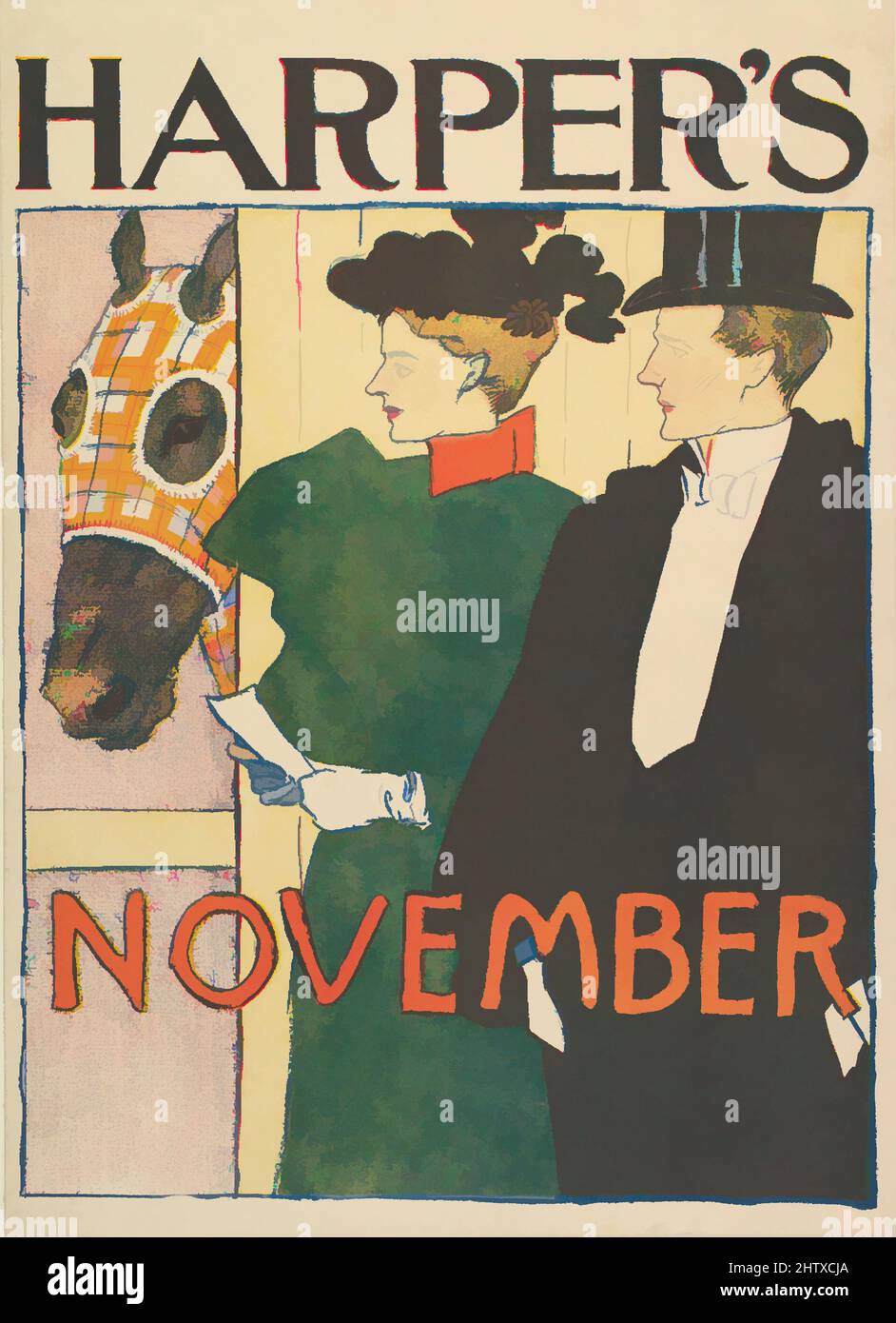 Art Inspired by Harper's, November, 1895, Lithograph, Blatt: 16 5/16 × 11 3/4 Zoll (41,4 × 29,8 cm), Edward Penfield (Amerikaner, Brooklyn, New York 1866–1925 Beacon, New York, Klassische Werke, die von Artotop mit einem Schuss Moderne modernisiert wurden. Formen, Farbe und Wert, auffällige visuelle Wirkung auf Kunst. Emotionen durch Freiheit von Kunstwerken auf zeitgemäße Weise. Eine zeitlose Botschaft, die eine wild kreative neue Richtung verfolgt. Künstler, die sich dem digitalen Medium zuwenden und die Artotop NFT erschaffen Stockfoto