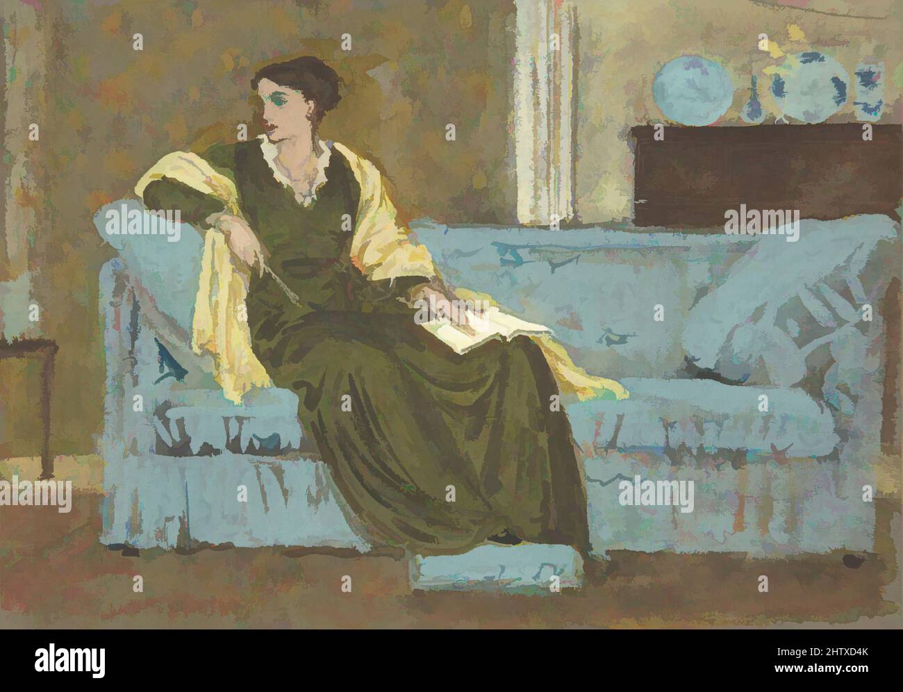 Art Inspired by Woman sitzend auf einem Sofa, 1865–1915, Aquarell über Graphit, mit einem Hauch von Gouache, Blatt: 4 7/8 x 6 7/8 Zoll (12,4 x 17,5 cm), Zeichnungen, Walter Crane (British, Liverpool 1845–1915 Horsham, Klassische Werke, die von Artotop mit einem Schuss Moderne modernisiert wurden. Formen, Farbe und Wert, auffällige visuelle Wirkung auf Kunst. Emotionen durch Freiheit von Kunstwerken auf zeitgemäße Weise. Eine zeitlose Botschaft, die eine wild kreative neue Richtung verfolgt. Künstler, die sich dem digitalen Medium zuwenden und die Artotop NFT erschaffen Stockfoto