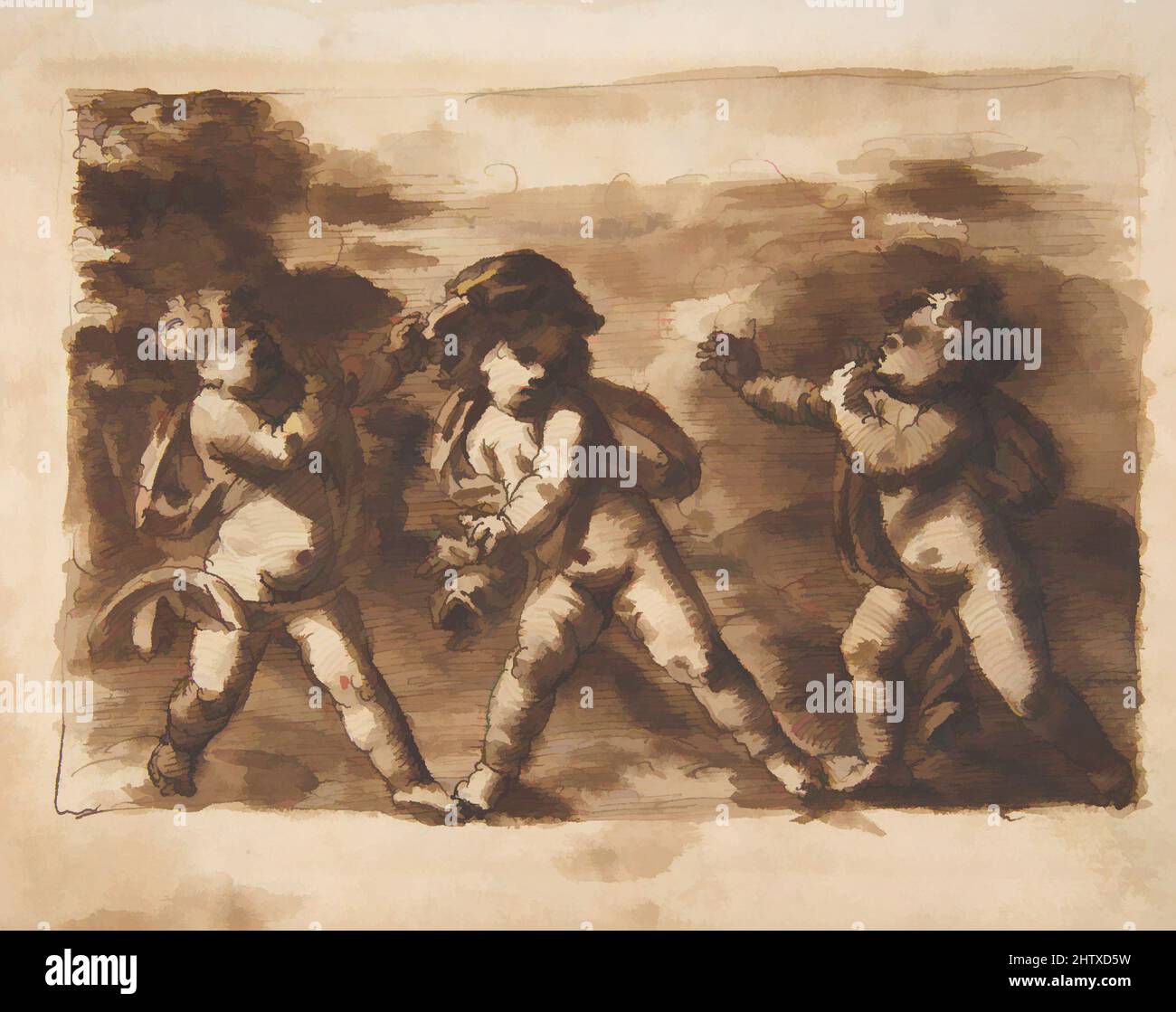 Art inspired by Three Dancing Putti, 1640–50, Pen and Brown ink, Brown wash, 6 5/16 x 8 1/8in. (16,1 x 20,7cm), Zeichnungen, Leonardo Scaglia (italienisch, dokumentiert Perugia, AnAltarbild, 1640–1650, von Artotop modernisierte klassische Werke mit einem Schuss Moderne. Formen, Farbe und Wert, auffällige visuelle Wirkung auf Kunst. Emotionen durch Freiheit von Kunstwerken auf zeitgemäße Weise. Eine zeitlose Botschaft, die eine wild kreative neue Richtung verfolgt. Künstler, die sich dem digitalen Medium zuwenden und die Artotop NFT erschaffen Stockfoto