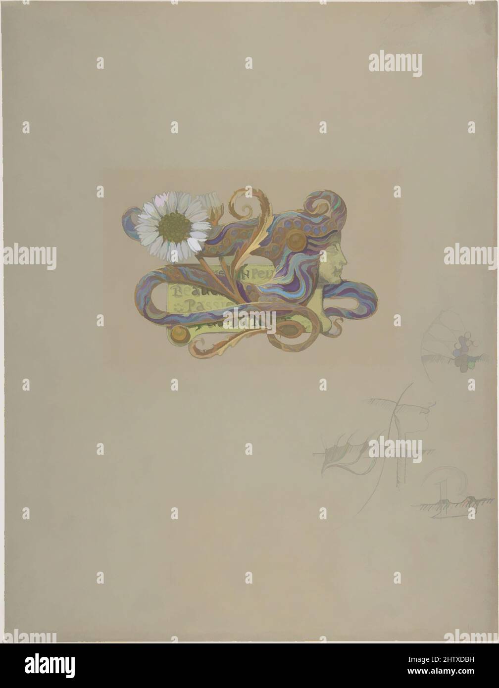 Art Inspired by Jewellery Design, n.d., Purple, Green and white Gold Watercolor, 12 11/16 x 9 13/16 Zoll (32,3 x 25 cm), Eugène-Samuel Grasset (Französisch, gebürtige Schweiz, Lausanne 1841–1917 Paris, Klassische Werke, die von Artotop mit einem Schuss Moderne modernisiert wurden. Formen, Farbe und Wert, auffällige visuelle Wirkung auf Kunst. Emotionen durch Freiheit von Kunstwerken auf zeitgemäße Weise. Eine zeitlose Botschaft, die eine wild kreative neue Richtung verfolgt. Künstler, die sich dem digitalen Medium zuwenden und die Artotop NFT erschaffen Stockfoto