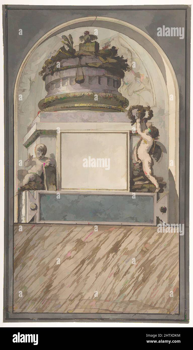 Design für ein Denkmal, 1764 - 1850, Stift, braun mit braun, blau-grün, lila und gelb wäscht, 17 x 10 in. (43,2 x 25,4 cm), Pietro Fancelli (Italienisch, Bologna, 1764 - 1850) Stockfoto