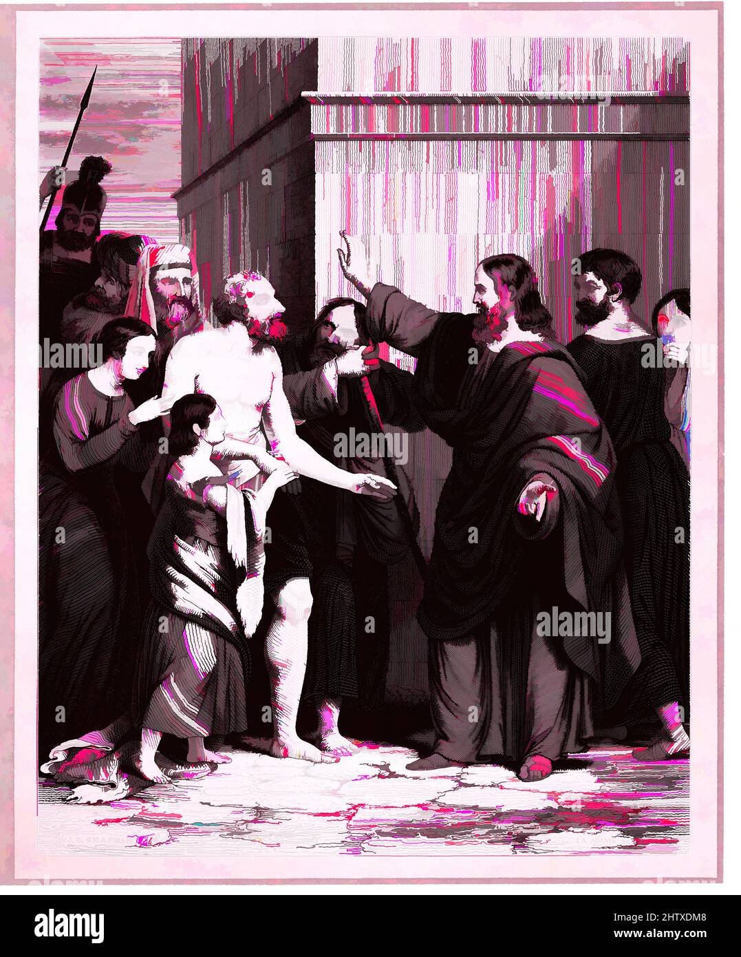 Kunst inspiriert von der illuminierten Bibel, 1846, Abbildungen: Gravur, 13 9/16 x 9 13/16 Zoll (34,5 x 25 cm), Bücher, Klassisches von Artotop mit einem Schuss Moderne modernisiertes Werk. Formen, Farbe und Wert, auffällige visuelle Wirkung auf Kunst. Emotionen durch Freiheit von Kunstwerken auf zeitgemäße Weise. Eine zeitlose Botschaft, die eine wild kreative neue Richtung verfolgt. Künstler, die sich dem digitalen Medium zuwenden und die Artotop NFT erschaffen Stockfoto