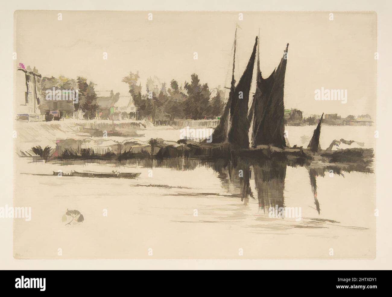 Kunst inspiriert von Hurlingham, 1879, Ätzung und Trockenpunkt; vierter Zustand von vier (Glasgow); gedruckt in schwarzer Tinte auf elfenbeinfarbenem Papier, Bild: 5 7/16 x 7 15/16 Zoll (13,8 x 20,1 cm), Drucke, James McNeill Whistler (Amerikaner, Lowell, Massachusetts 1834–1903 London, Klassisches Werk, das von Artotop mit einem Schuss Moderne modernisiert wurde. Formen, Farbe und Wert, auffällige visuelle Wirkung auf Kunst. Emotionen durch Freiheit von Kunstwerken auf zeitgemäße Weise. Eine zeitlose Botschaft, die eine wild kreative neue Richtung verfolgt. Künstler, die sich dem digitalen Medium zuwenden und die Artotop NFT erschaffen Stockfoto