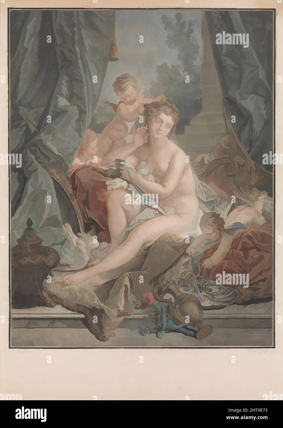 Kunst inspiriert von der Toilette der Venus, 1783, Radierung und Wash-Manner-Gravur, gedruckt in Farbe von vier Platten, Bild: 14 3/4 x 11 1/2 Zoll (37,5 x 29,2 cm), Drucke, Jean François Janinet (französisch, Paris 1752–1814 Paris), gestaltet von François Boucher (französisch, Paris 1703–1770 Paris, Klassische Werke, die von Artotop mit einem Schuss Moderne modernisiert wurden. Formen, Farbe und Wert, auffällige visuelle Wirkung auf Kunst. Emotionen durch Freiheit von Kunstwerken auf zeitgemäße Weise. Eine zeitlose Botschaft, die eine wild kreative neue Richtung verfolgt. Künstler, die sich dem digitalen Medium zuwenden und die Artotop NFT erschaffen Stockfoto