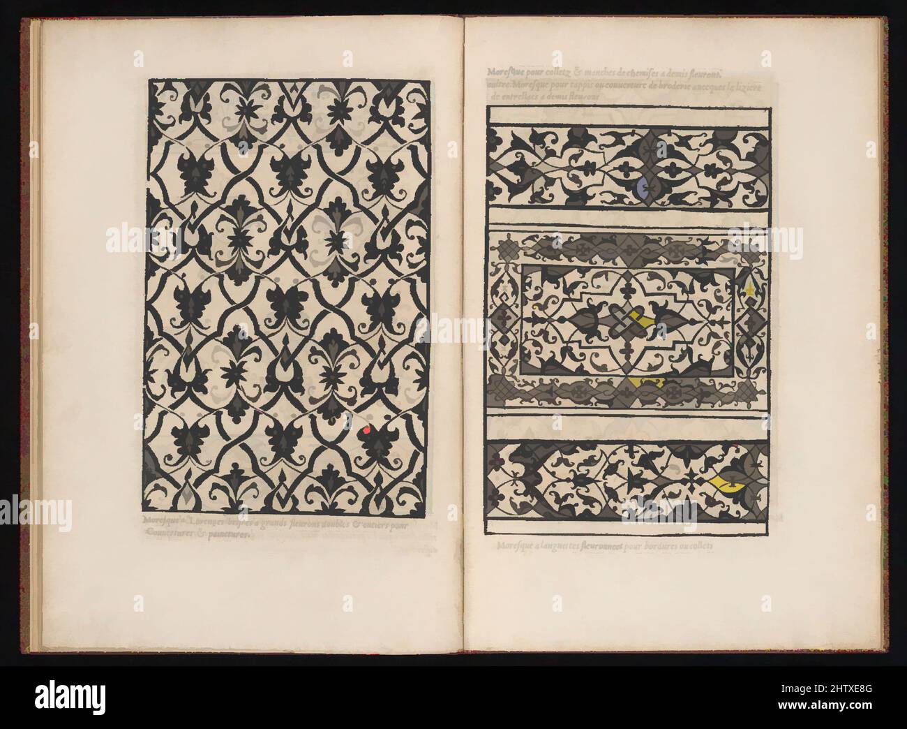 Art inspired by Livre de Moresques, 1546, Holzschnitt, insgesamt: 12 x 8 5/16 x 1/4 Zoll (30,5 x 21,1 x 0,7 cm), Francesco di Pellegrino (Italienisch, geboren in Florenz, gestorben 1552), Dieses Buch der Moresken reproduziert Entwürfe des italienischen Künstlers Francesco Pellegrino, erstmals in Buchform veröffentlicht von, Klassische Werke, die von Artotop mit einem Schuss Moderne modernisiert wurden. Formen, Farbe und Wert, auffällige visuelle Wirkung auf Kunst. Emotionen durch Freiheit von Kunstwerken auf zeitgemäße Weise. Eine zeitlose Botschaft, die eine wild kreative neue Richtung verfolgt. Künstler, die sich dem digitalen Medium zuwenden und die Artotop NFT erschaffen Stockfoto