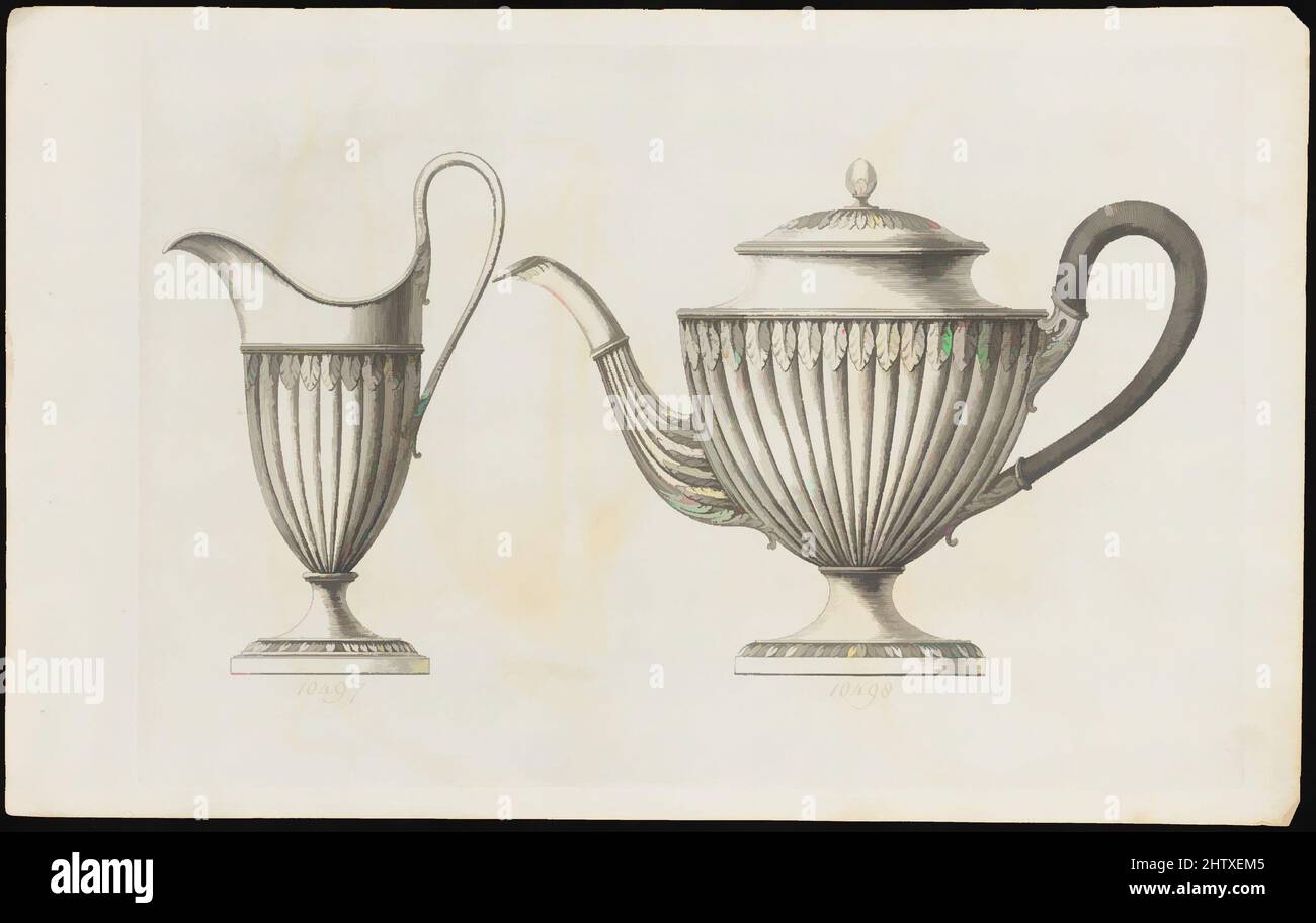 Kunst inspiriert von Creamer und Teekannen, ca. 1790, Radierung, Blatt: 10 3/16 x 16 5/16 Zoll (25,8 x 41,5 cm), Drucke, Matthew Boulton (British, Birmingham 1728–1809 Birmingham, Klassische Werke, die von Artotop mit einem Schuss Moderne modernisiert wurden. Formen, Farbe und Wert, auffällige visuelle Wirkung auf Kunst. Emotionen durch Freiheit von Kunstwerken auf zeitgemäße Weise. Eine zeitlose Botschaft, die eine wild kreative neue Richtung verfolgt. Künstler, die sich dem digitalen Medium zuwenden und die Artotop NFT erschaffen Stockfoto