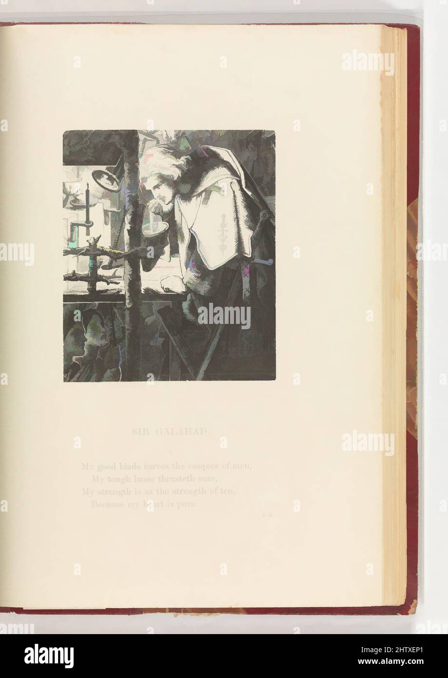 Kunst inspiriert von Gedichten von Alfred Tennyson, 1857, Abbildungen: Mezzotint, Holzstich, 9 x 6 5/8 x 1 3/4 Zoll (22,9 x 16,8 x 4,4 cm), Books, Edward Moxon brachte 1857 eine Neuausgabe von Tennysons Gedichten heraus, illustriert von Dante Gabriel Rossetti und William, den Vorraffaeliten, Klassische Werke, die von Artotop mit einem Schuss Moderne modernisiert wurden. Formen, Farbe und Wert, auffällige visuelle Wirkung auf Kunst. Emotionen durch Freiheit von Kunstwerken auf zeitgemäße Weise. Eine zeitlose Botschaft, die eine wild kreative neue Richtung verfolgt. Künstler, die sich dem digitalen Medium zuwenden und die Artotop NFT erschaffen Stockfoto