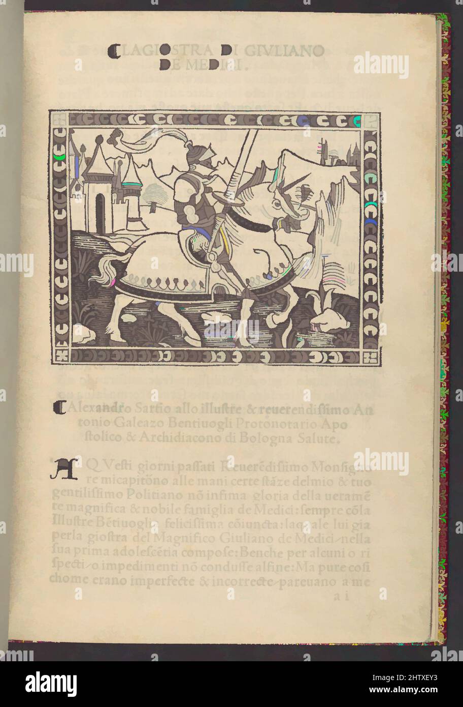 Kunst inspiriert von La Giostra di Giuliano de Medici..., ca. 1495–1500, gedrucktes Buch mit Holzschnitt-Illustrationen, 7 5/8 x 5 1/2 x 3/8 Zoll (19,3 x 13,9 x 1 cm), Bücher, der humanistische Gelehrte Politian, ein Protegé von Lorenzo de' Medici, war führend in der Verwendung des toskanischen Dialekts in der Poesie. Seine von Artotop modernisierten, klassischen Werke mit einem Schuss Moderne. Formen, Farbe und Wert, auffällige visuelle Wirkung auf Kunst. Emotionen durch Freiheit von Kunstwerken auf zeitgemäße Weise. Eine zeitlose Botschaft, die eine wild kreative neue Richtung verfolgt. Künstler, die sich dem digitalen Medium zuwenden und die Artotop NFT erschaffen Stockfoto