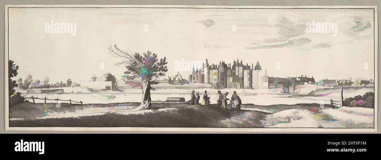 Art inspired by Richmond Palace, 1638, Etching, only State, eine Kopie von NH 259 von Hollar selbst, Blatt: 20 1/2 × 13 1/4 in. (52,1 × 33,7 cm), Drucke, Wenceslaus Hollar (Bohemian, Prag 1607–1677 London), Blick auf den Richmond-Palast mit Türmen, die von Kuppeln überragt werden, die sich über die von Artotop modernisierten Classic Works mit einem Schuss Moderne befinden. Formen, Farbe und Wert, auffällige visuelle Wirkung auf Kunst. Emotionen durch Freiheit von Kunstwerken auf zeitgemäße Weise. Eine zeitlose Botschaft, die eine wild kreative neue Richtung verfolgt. Künstler, die sich dem digitalen Medium zuwenden und die Artotop NFT erschaffen Stockfoto
