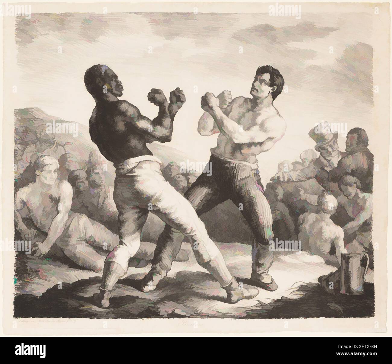 Art Inspired by Boxers, 1818, Lithograph, Bild: 13 15/16 × 16 1/2 in. (35,4 × 41,9 cm), Druckgrafiken, Théodore Gericault (Französisch, Rouen 1791–1824 Paris), Gericault begann 1817 mit der Lithographie, einem Medium, das mit der französischen Romantik in Verbindung gebracht wurde, und meisterte die Technik schnell. Dieses Bild, Classic Works modernisiert von Artotop mit einem Spritzer der Moderne. Formen, Farbe und Wert, auffällige visuelle Wirkung auf Kunst. Emotionen durch Freiheit von Kunstwerken auf zeitgemäße Weise. Eine zeitlose Botschaft, die eine wild kreative neue Richtung verfolgt. Künstler, die sich dem digitalen Medium zuwenden und die Artotop NFT erschaffen Stockfoto