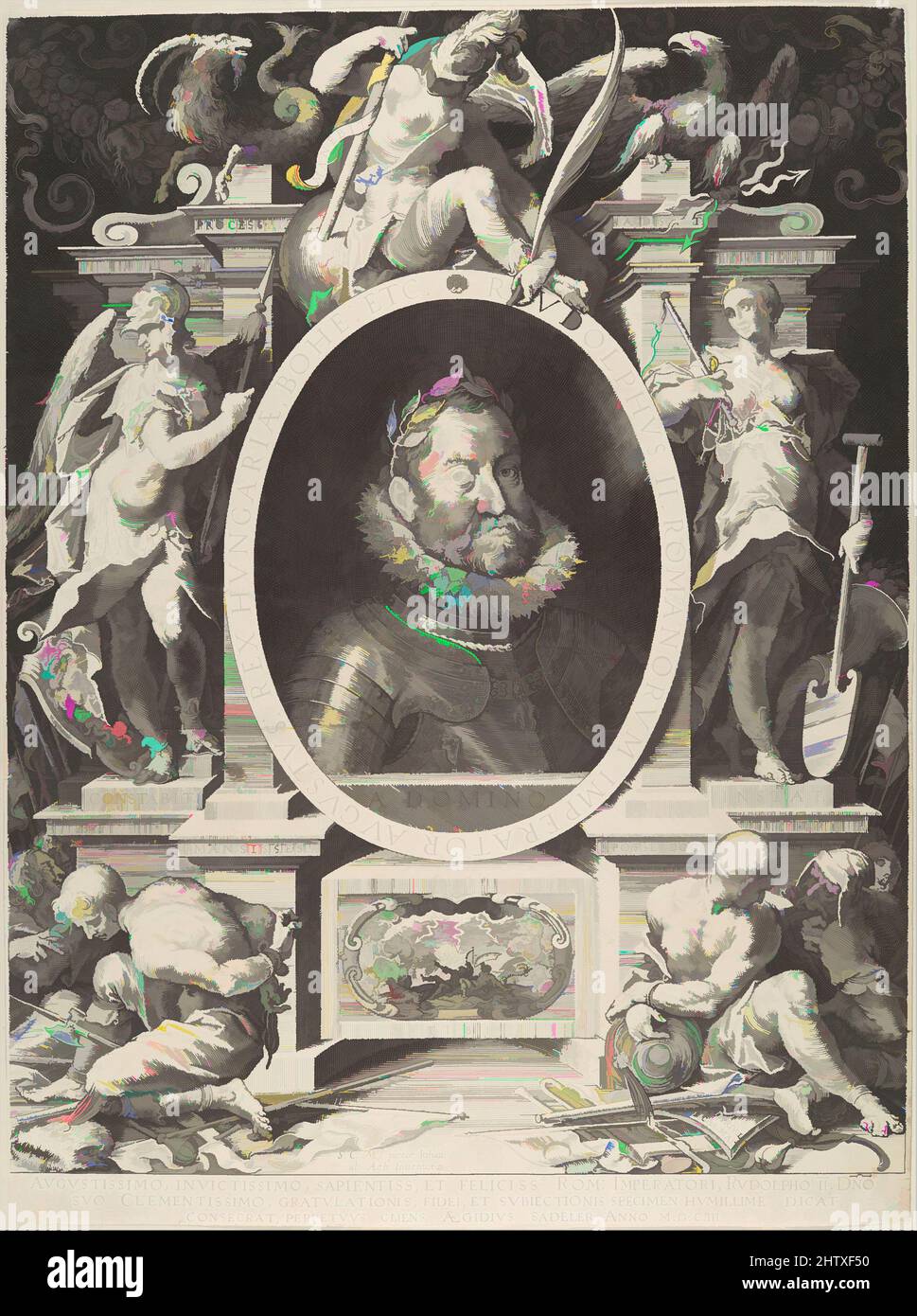 Art Inspired by Portrait of Rudolph II, 1603, Gravur, Blatt: 13 1/4 x 9 7/8 Zoll (33,7 x 25,1 cm), Drucke, Aegidius Sadeler II (Niederländisch, Antwerpen 1568–1629 Prag), nach Hans von Aachen (Deutsch, Köln 1552–1616 Prag), Dieses allegorische Brustportrait des Heiligen Römischen Reiches, Klassische Werke, die von Artotop mit einem Schuss Moderne modernisiert wurden. Formen, Farbe und Wert, auffällige visuelle Wirkung auf Kunst. Emotionen durch Freiheit von Kunstwerken auf zeitgemäße Weise. Eine zeitlose Botschaft, die eine wild kreative neue Richtung verfolgt. Künstler, die sich dem digitalen Medium zuwenden und die Artotop NFT erschaffen Stockfoto