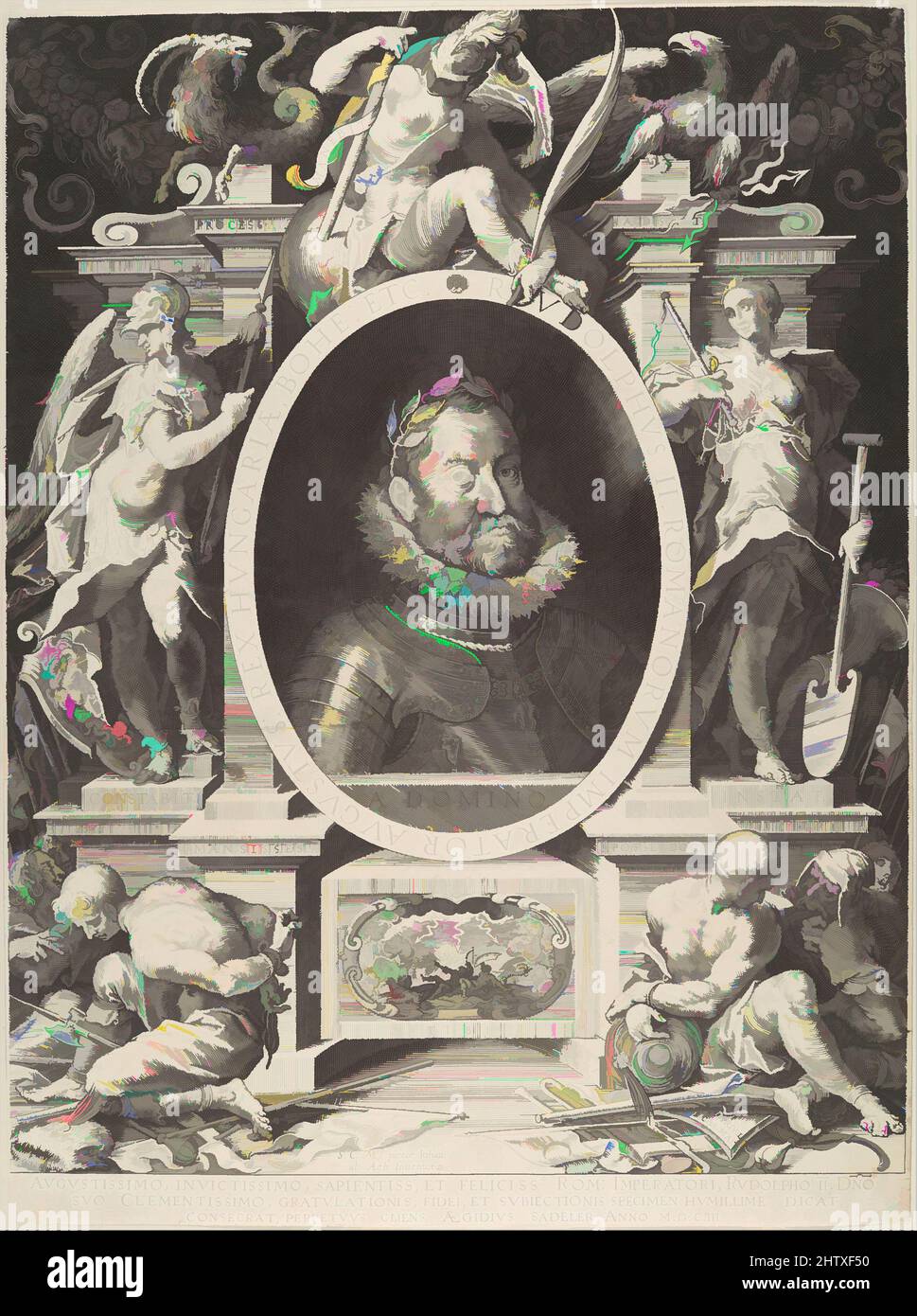 Art Inspired by Portrait of Rudolph II, 1603, Gravur, Blatt: 13 1/4 x 9 7/8 Zoll (33,7 x 25,1 cm), Drucke, Aegidius Sadeler II (Niederländisch, Antwerpen 1568–1629 Prag), nach Hans von Aachen (Deutsch, Köln 1552–1616 Prag), Dieses allegorische Brustportrait des Heiligen Römischen Reiches, Klassische Werke, die von Artotop mit einem Schuss Moderne modernisiert wurden. Formen, Farbe und Wert, auffällige visuelle Wirkung auf Kunst. Emotionen durch Freiheit von Kunstwerken auf zeitgemäße Weise. Eine zeitlose Botschaft, die eine wild kreative neue Richtung verfolgt. Künstler, die sich dem digitalen Medium zuwenden und die Artotop NFT erschaffen Stockfoto Art Inspired by Portrait of Rudolph II, 1603, Gravur, Blatt: 13 1/4 x 9 7/8 Zoll (33,7 x 25,1 cm), Drucke, Aegidius Sadeler II (Niederländisch, Antwerpen 1568–1629 Prag), nach Hans von Aachen (Deutsch, Köln 1552–1616 Prag), Dieses allegorische Brustportrait des Heiligen Römischen Reiches, Klassische Werke, die von Artotop mit einem Schuss Moderne modernisiert wurden. Formen, Farbe und Wert, auffällige visuelle Wirkung auf Kunst. Emotionen durch Freiheit von Kunstwerken auf zeitgemäße Weise. Eine zeitlose Botschaft, die eine wild kreative neue Richtung verfolgt. Künstler, die sich dem digitalen Medium zuwenden und die Artotop NFT erschaffen Stockfoto