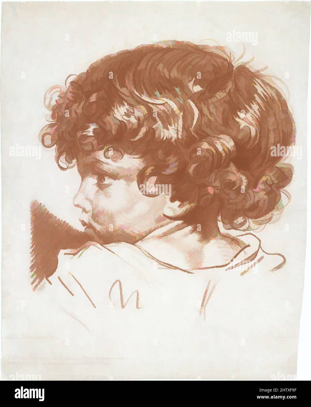 Kunst inspiriert von Study, Head of a Boy, ca. 1777, Crayon Manner, gedruckt in roter Tinte, Blatt: 15 13/16 x 12 11/16 Zoll (40,2 x 32,2 cm) (unregelmäßig im Plattenmark geschnitten), Drucke, Therèse Éléonore (Hemery) Lingée (Französisch, geboren 1753), After Jean-Baptiste Greuze (Französisch, Tournus 1725–1805, Klassische Werke, die von Artotop mit einem Schuss Moderne modernisiert wurden. Formen, Farbe und Wert, auffällige visuelle Wirkung auf Kunst. Emotionen durch Freiheit von Kunstwerken auf zeitgemäße Weise. Eine zeitlose Botschaft, die eine wild kreative neue Richtung verfolgt. Künstler, die sich dem digitalen Medium zuwenden und die Artotop NFT erschaffen Stockfoto