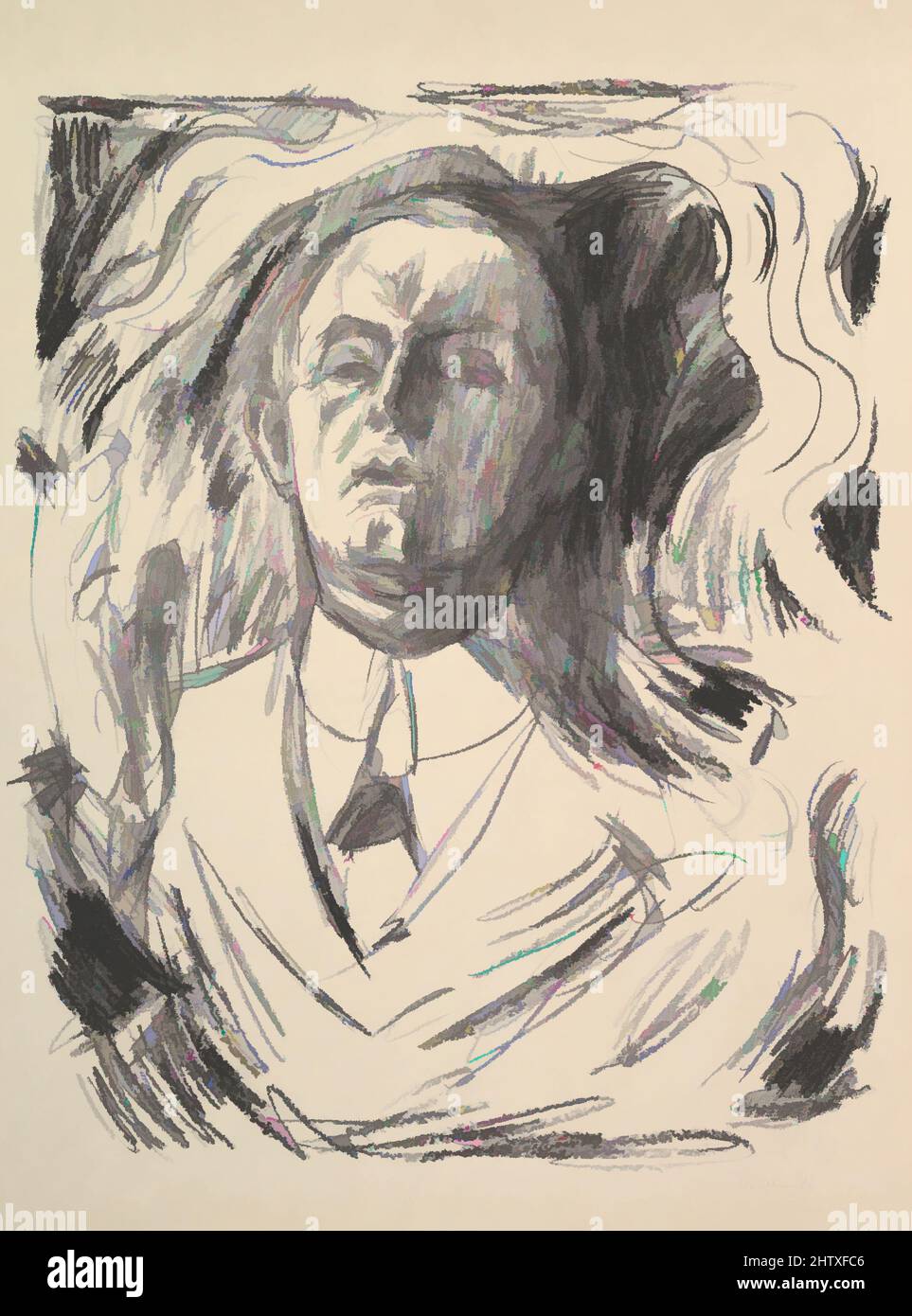 Art Inspired by Self-Portrait with a Cigar, 1908–9, Lithograph, Platte: 22 5/16 x 17 15/16 Zoll (56,7 x 45,6 cm), Drucke, Edvard Munch (Norwegisch, Løten 1863–1944 Eely, Klassische Werke, die von Artotop mit einem Schuss Moderne modernisiert wurden. Formen, Farbe und Wert, auffällige visuelle Wirkung auf Kunst. Emotionen durch Freiheit von Kunstwerken auf zeitgemäße Weise. Eine zeitlose Botschaft, die eine wild kreative neue Richtung verfolgt. Künstler, die sich dem digitalen Medium zuwenden und die Artotop NFT erschaffen Stockfoto