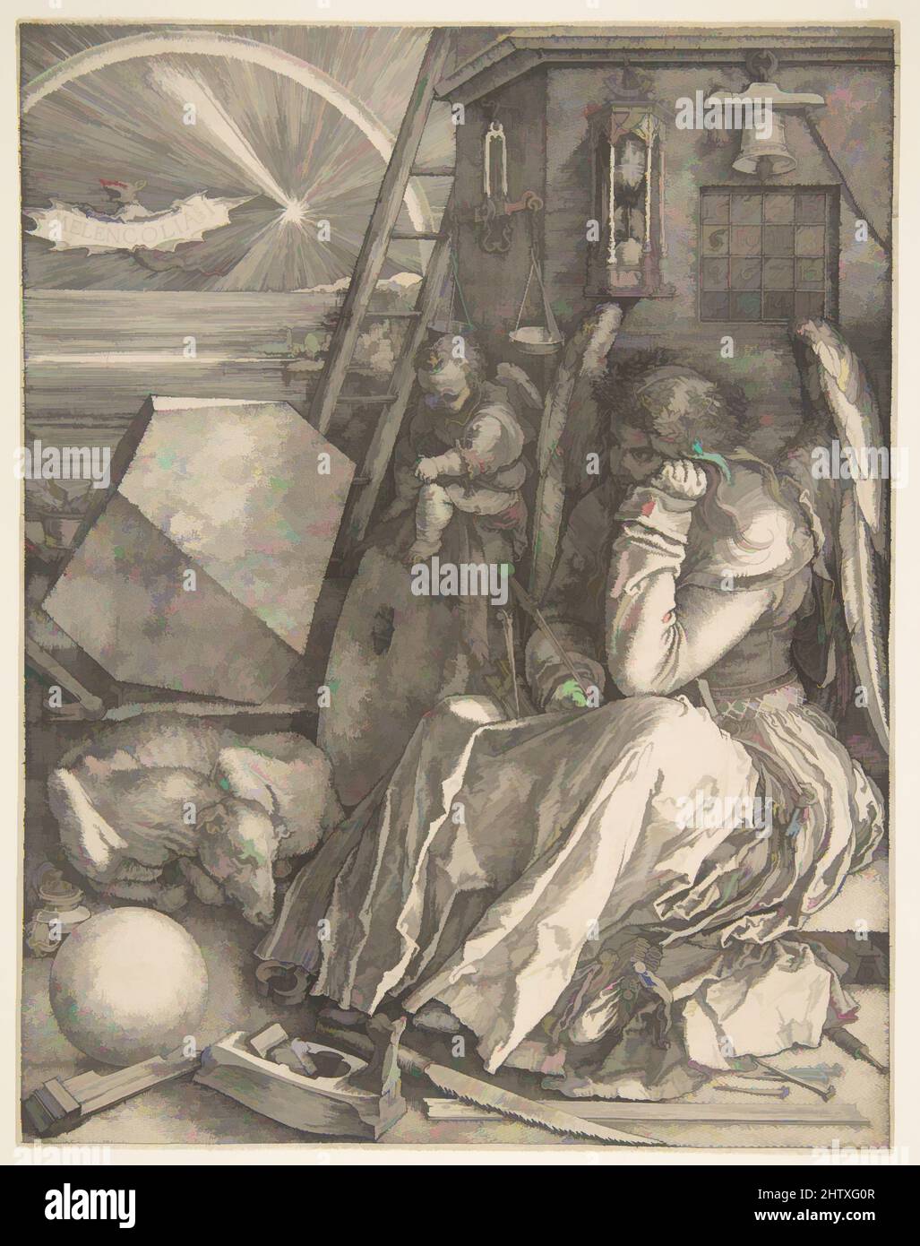 Art inspired by Melencolia I, 1514, Gravur, Bild: 9 1/2 x 7 1/2 Zoll (24,1 x 19,1 cm), Drucke, Albrecht Dürer (deutsch, Nürnberg 1471–1528 Nürnberg, Klassische Werke, die von Artotop mit einem Schuss Moderne modernisiert wurden. Formen, Farbe und Wert, auffällige visuelle Wirkung auf Kunst. Emotionen durch Freiheit von Kunstwerken auf zeitgemäße Weise. Eine zeitlose Botschaft, die eine wild kreative neue Richtung verfolgt. Künstler, die sich dem digitalen Medium zuwenden und die Artotop NFT erschaffen Stockfoto