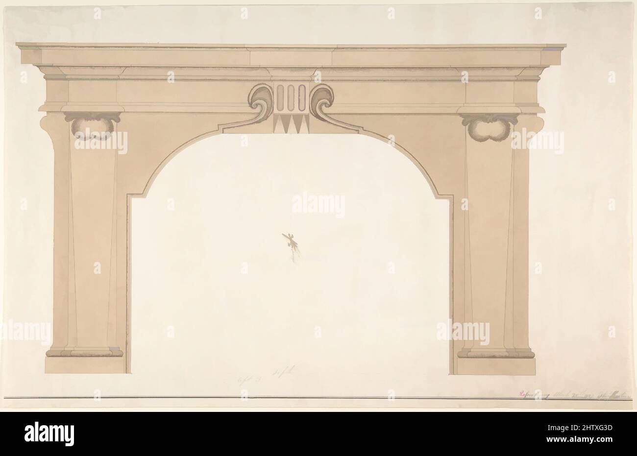 Art Inspired by Design for a Fireplace, 1827, Aquarell, Stift und schwarze Tinte, Blatt: 10 1/4 x 15 7/8 Zoll (26 x 40,3 cm), Thomas Heiton (britisch, aktiv 1827, Classic Works modernisiert von Artotop mit einem Schuss Modernität. Formen, Farbe und Wert, auffällige visuelle Wirkung auf Kunst. Emotionen durch Freiheit von Kunstwerken auf zeitgemäße Weise. Eine zeitlose Botschaft, die eine wild kreative neue Richtung verfolgt. Künstler, die sich dem digitalen Medium zuwenden und die Artotop NFT erschaffen Stockfoto