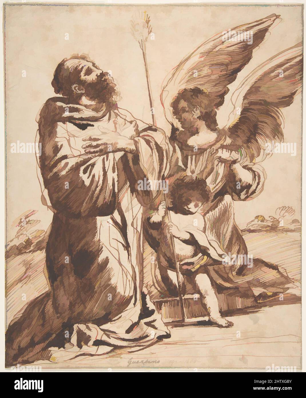 Kunst inspiriert von Saint mit Angel und Putto, n.d., Stift und brauner Tinte, Pinsel und dunkelbrauner Tinte, über Bleispitze. Blatt: 9 15/16 x 8 1/8 Zoll (25,2 x 20,6 cm), Zeichnungen, After Guercino (Giovanni Francesco Barbieri) (Italienisch, Cento 1591–1666 Bologna, Klassische Werke, die von Artotop mit einem Schuss Moderne modernisiert wurden. Formen, Farbe und Wert, auffällige visuelle Wirkung auf Kunst. Emotionen durch Freiheit von Kunstwerken auf zeitgemäße Weise. Eine zeitlose Botschaft, die eine wild kreative neue Richtung verfolgt. Künstler, die sich dem digitalen Medium zuwenden und die Artotop NFT erschaffen Stockfoto
