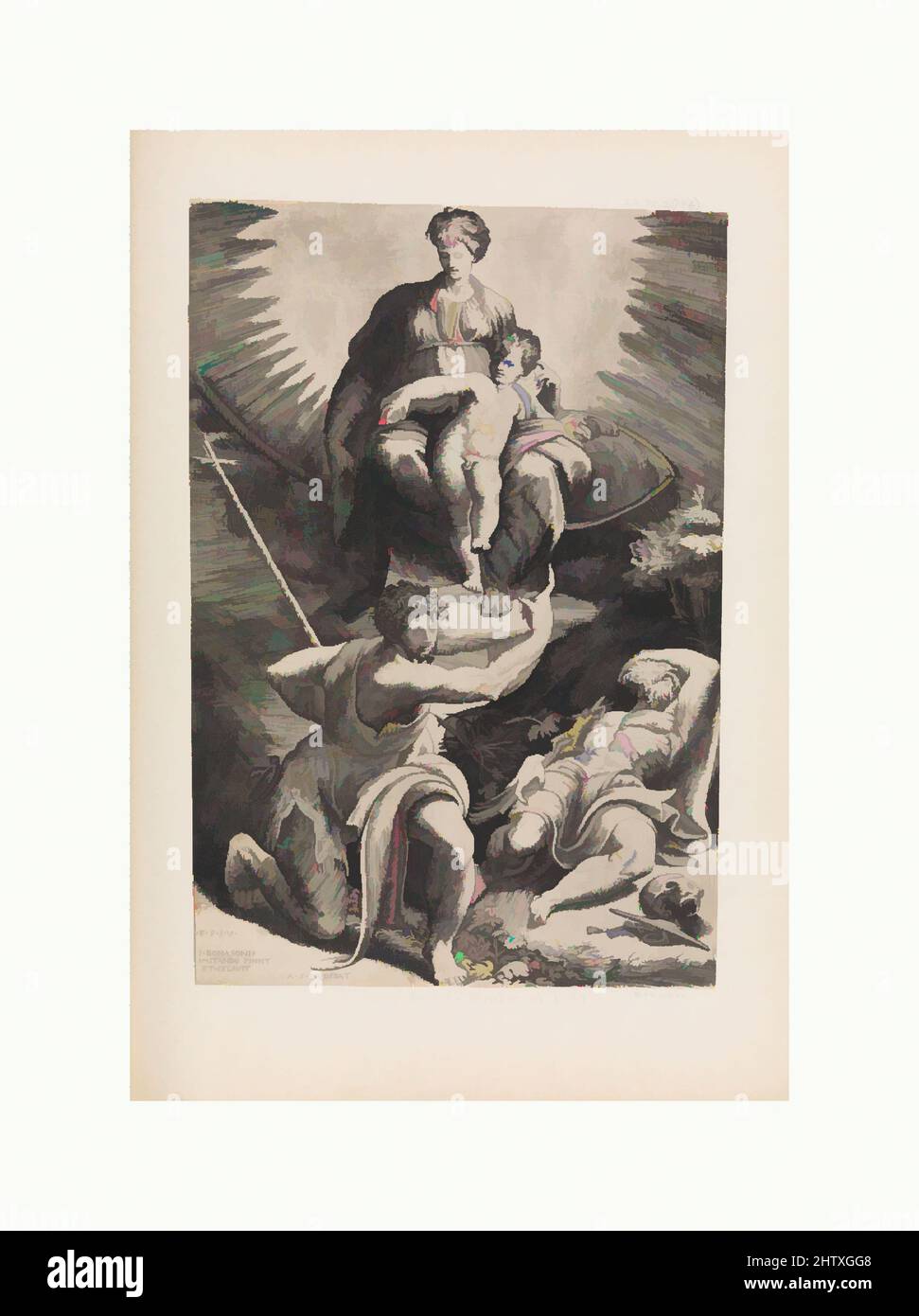 Kunst inspiriert von der Vision des Hl. Hieronymus, Gravur, Drucke, Giulio Bonasone (Italienisch, aktiv in Rom und Bologna, 1531–nach 1576), After Parmigianino (Girolamo Francesco Maria Mazzola) (Italienisch, Parma 1503–1540 Casalmaggiore), im Mariette Album, Folio 76, Klassische Werke, die von Artotop mit einem Schuss Moderne modernisiert wurden. Formen, Farbe und Wert, auffällige visuelle Wirkung auf Kunst. Emotionen durch Freiheit von Kunstwerken auf zeitgemäße Weise. Eine zeitlose Botschaft, die eine wild kreative neue Richtung verfolgt. Künstler, die sich dem digitalen Medium zuwenden und die Artotop NFT erschaffen Stockfoto