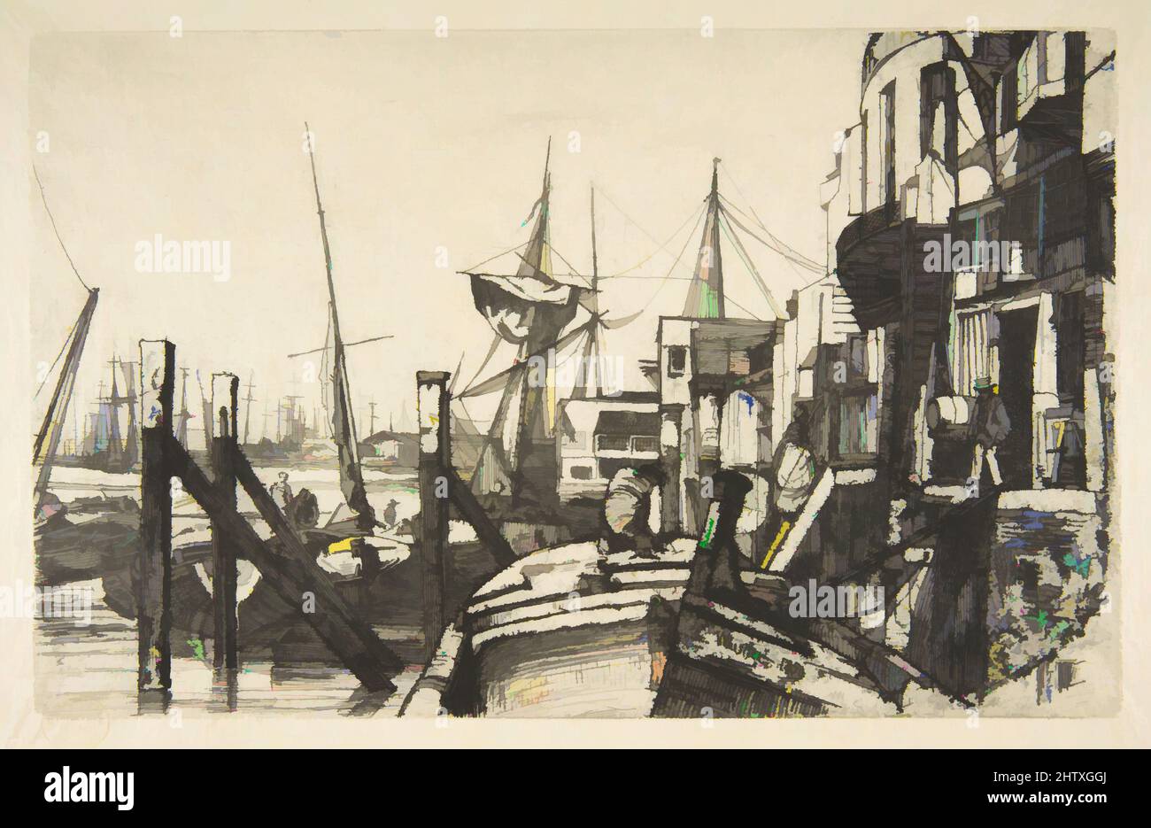 Art inspired by Limehouse, 1859, Etching and drypoint; Fifth State of Six (Glasgow); schwarze Tinte auf feinem Japan-Papier, Platte: 5 × 8 Zoll (12,7 × 20,3 cm), Drucke, James McNeill Whistler (Amerikaner, Lowell, Massachusetts 1834–1903 London, Klassisches Werk, das von Artotop mit einem Schuss Moderne modernisiert wurde. Formen, Farbe und Wert, auffällige visuelle Wirkung auf Kunst. Emotionen durch Freiheit von Kunstwerken auf zeitgemäße Weise. Eine zeitlose Botschaft, die eine wild kreative neue Richtung verfolgt. Künstler, die sich dem digitalen Medium zuwenden und die Artotop NFT erschaffen Stockfoto