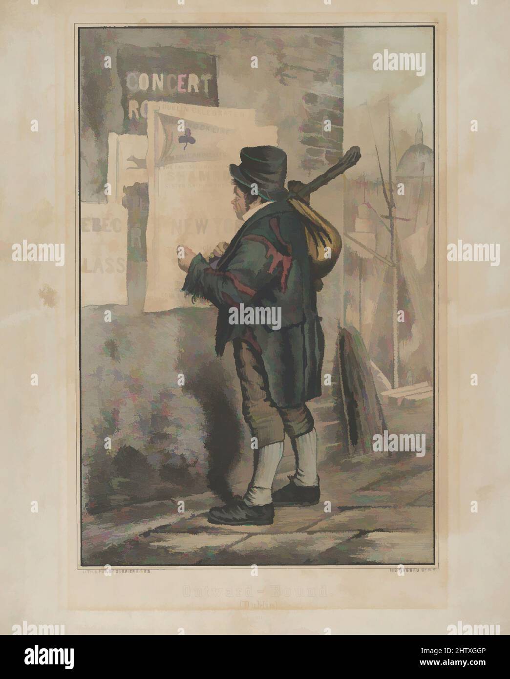 Kunst inspiriert von Outward Bound (Dublin), ca. 1860, handkolorierte Lithographie, Bild: 11 1/2 x 7 3/4 Zoll (29,2 x 19,7 cm), Drucke, Begleitszene zu „Homeward Bound (New York)“. Der Mann steht in zerfetzter Kleidung auf dem Dock und hält im Tuchgefälle Positionen über seiner Schulter. Er liest ein Schild, Classic Works modernisiert von Artotop mit einem Schuss Moderne. Formen, Farbe und Wert, auffällige visuelle Wirkung auf Kunst. Emotionen durch Freiheit von Kunstwerken auf zeitgemäße Weise. Eine zeitlose Botschaft, die eine wild kreative neue Richtung verfolgt. Künstler, die sich dem digitalen Medium zuwenden und die Artotop NFT erschaffen Stockfoto