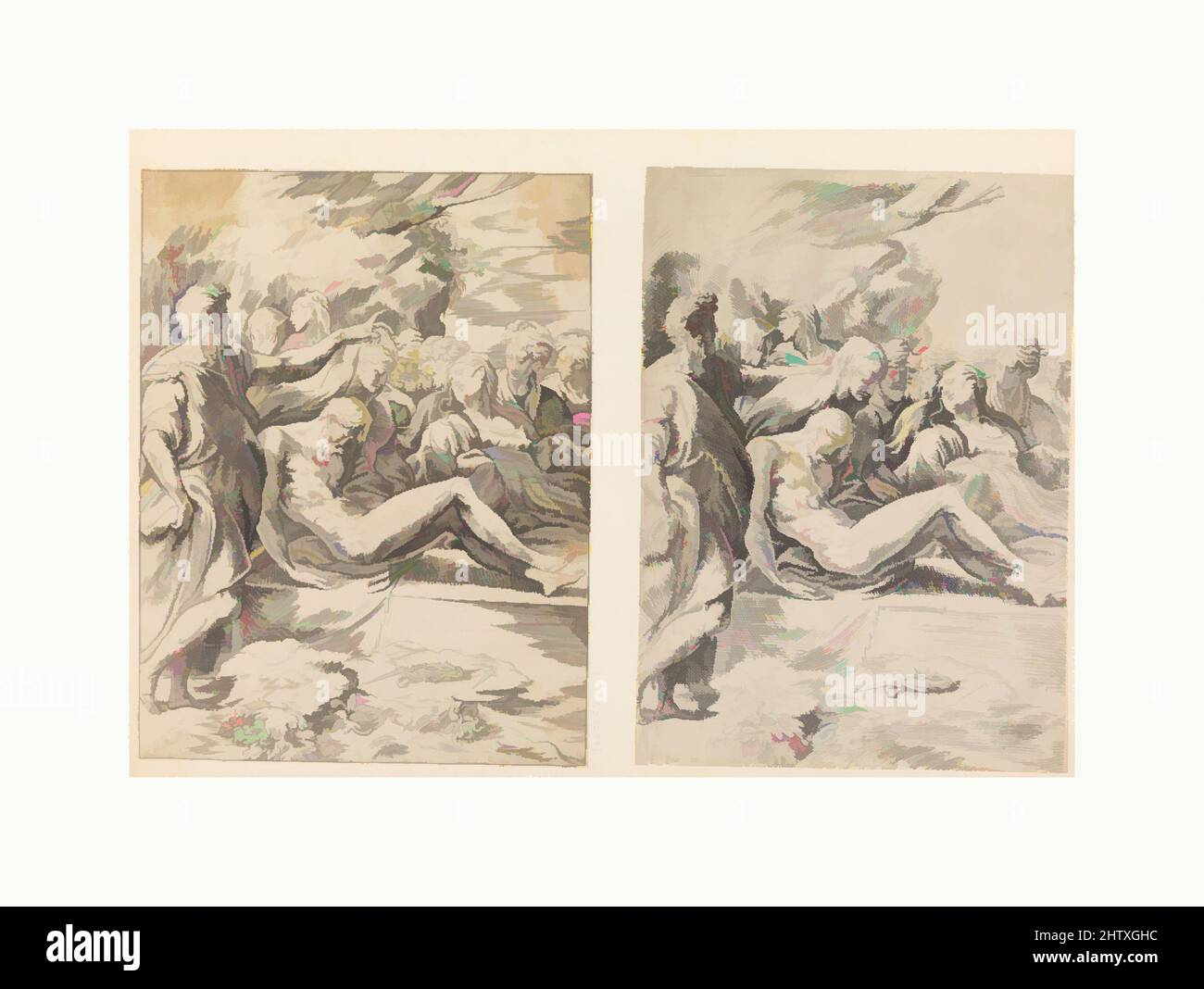 Kunst inspiriert von Entombment, 16.–17. Jahrhundert, Gravur, Drucke, Anonymous, Italienisch, 16. bis 17. Jahrhundert, nach Parmigianino (Girolamo Francesco Maria Mazzola) (Italienisch, Parma 1503–1540 Casalmaggiore), in Mariette Album, Folio 5, unten, Klassische Werke, die von Artotop mit einem Hauch von Moderne modernisiert wurden. Formen, Farbe und Wert, auffällige visuelle Wirkung auf Kunst. Emotionen durch Freiheit von Kunstwerken auf zeitgemäße Weise. Eine zeitlose Botschaft, die eine wild kreative neue Richtung verfolgt. Künstler, die sich dem digitalen Medium zuwenden und die Artotop NFT erschaffen Stockfoto