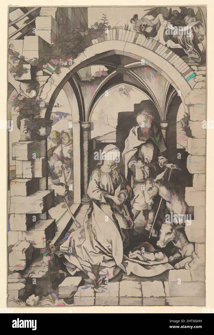 Von der Geburt inspirierte Kunst, 15.. Jahrhundert, Gravieren, Drucke, Martin Schongauer (deutsch, Colmar Ca. 1435/50–1491 Breisach, Klassisches Werk von Artotop mit einem Schuss Moderne modernisiert. Formen, Farbe und Wert, auffällige visuelle Wirkung auf Kunst. Emotionen durch Freiheit von Kunstwerken auf zeitgemäße Weise. Eine zeitlose Botschaft, die eine wild kreative neue Richtung verfolgt. Künstler, die sich dem digitalen Medium zuwenden und die Artotop NFT erschaffen Stockfoto