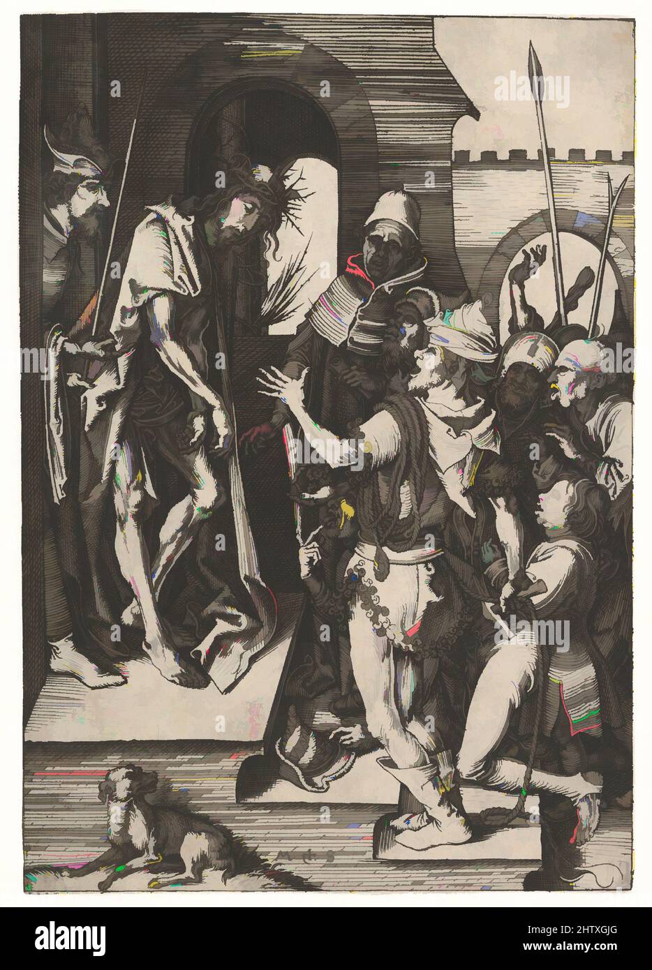 Kunst inspiriert von Ecce Homo, 15. Jahrhundert, Gravieren, Drucken, Martin Schongauer (deutsch, Colmar Ca. 1435/50–1491 Breisach, Klassisches Werk von Artotop mit einem Schuss Moderne modernisiert. Formen, Farbe und Wert, auffällige visuelle Wirkung auf Kunst. Emotionen durch Freiheit von Kunstwerken auf zeitgemäße Weise. Eine zeitlose Botschaft, die eine wild kreative neue Richtung verfolgt. Künstler, die sich dem digitalen Medium zuwenden und die Artotop NFT erschaffen Stockfoto