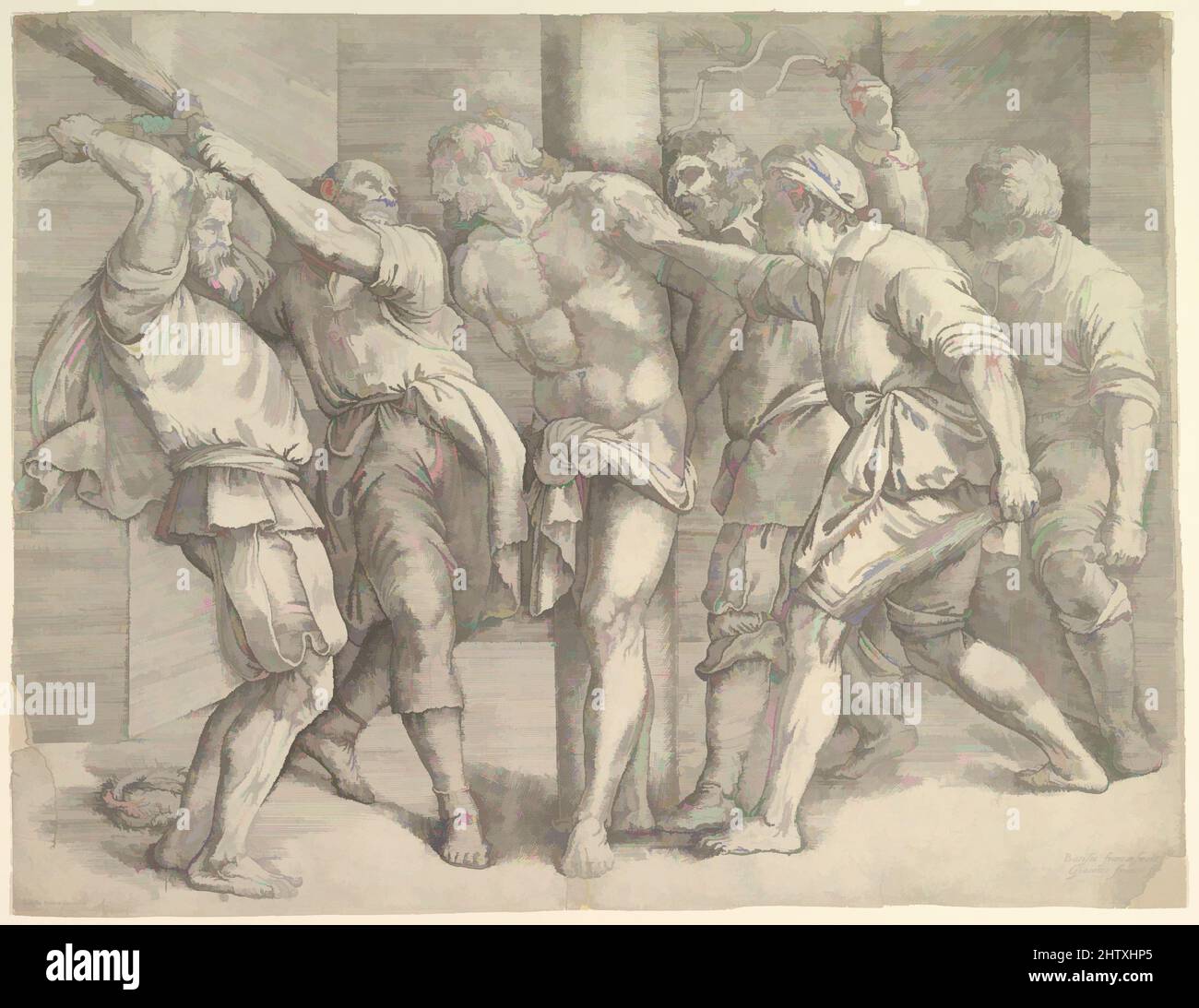 Kunst inspiriert von der Flagellation, ca. 1552–61, Radierung und Gravur, Blatt: 16 7/16 x 21 9/16 Zoll (41,8 x 54,7 cm) auf Platemark getrimmt, Drucke, Battista Franco (italienisch, Venedig ca. 1510–1561 Venedig), nach Titian (Tiziano Vecellio) (Italienisch, Pieve di Cadore ca. 1485/90?–1576 Venedig, Klassisches von Artotop modernisiertes Werk mit einem Schuss Moderne. Formen, Farbe und Wert, auffällige visuelle Wirkung auf Kunst. Emotionen durch Freiheit von Kunstwerken auf zeitgemäße Weise. Eine zeitlose Botschaft, die eine wild kreative neue Richtung verfolgt. Künstler, die sich dem digitalen Medium zuwenden und die Artotop NFT erschaffen Stockfoto