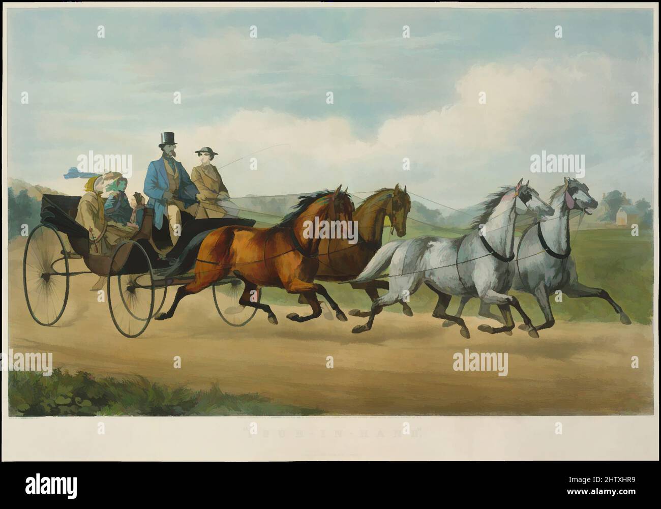 Art inspired by Four-in-Hand', 1861, handkolorierte Lithographie, Blatt: 22 5/16 x 31 3/8 cm (56,7 x 79,7 cm), Drucke, von Artotop modernisierte Klassiker mit einem Schuss Moderne. Formen, Farbe und Wert, auffällige visuelle Wirkung auf Kunst. Emotionen durch Freiheit von Kunstwerken auf zeitgemäße Weise. Eine zeitlose Botschaft, die eine wild kreative neue Richtung verfolgt. Künstler, die sich dem digitalen Medium zuwenden und die Artotop NFT erschaffen Stockfoto