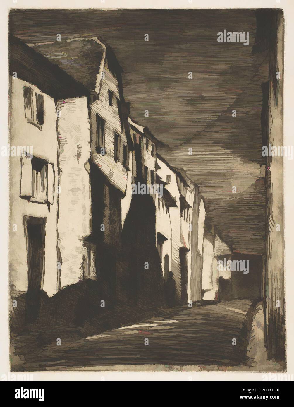 Art Inspired by Street at Saverne, 1858, Radierung und offener Biss- oder Sandpapierboden; Dritter Zustand von vier (Glasgow); gedruckt in schwarzer Tinte auf Elfenbeinschinken auf cremefarbenem, webweißem Papier (Chine collé), Platte: 8 3/16 x 6 1/4 Zoll (20,8 x 15,8 cm), Drucke, James McNeill Whistler (Amerikaner, Lowell, Klassisches Werk, das von Artotop mit einem Schuss Moderne modernisiert wurde. Formen, Farbe und Wert, auffällige visuelle Wirkung auf Kunst. Emotionen durch Freiheit von Kunstwerken auf zeitgemäße Weise. Eine zeitlose Botschaft, die eine wild kreative neue Richtung verfolgt. Künstler, die sich dem digitalen Medium zuwenden und die Artotop NFT erschaffen Stockfoto