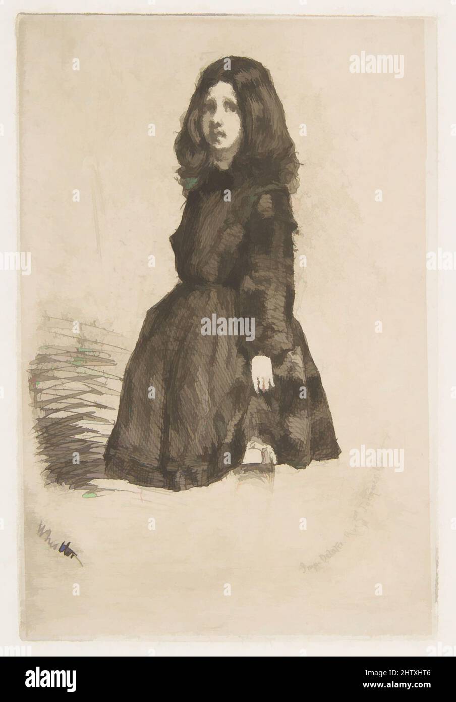 Art Inspired by Annie, 1857–58, Etching; vierter Zustand von sieben (Glasgow); gedruckt in schwarzer Tinte auf brauner Chine auf cremefarbenem, gewonnenem Papier (Chine collé), Platte: 4 5/8 x 3 1/8 Zoll (11,7 x 7,9 cm), Drucke, James McNeill Whistler (Amerikaner, Lowell, Massachusetts 1834–1903 London, Klassisches Werk, das von Artotop mit einem Schuss Moderne modernisiert wurde. Formen, Farbe und Wert, auffällige visuelle Wirkung auf Kunst. Emotionen durch Freiheit von Kunstwerken auf zeitgemäße Weise. Eine zeitlose Botschaft, die eine wild kreative neue Richtung verfolgt. Künstler, die sich dem digitalen Medium zuwenden und die Artotop NFT erschaffen Stockfoto