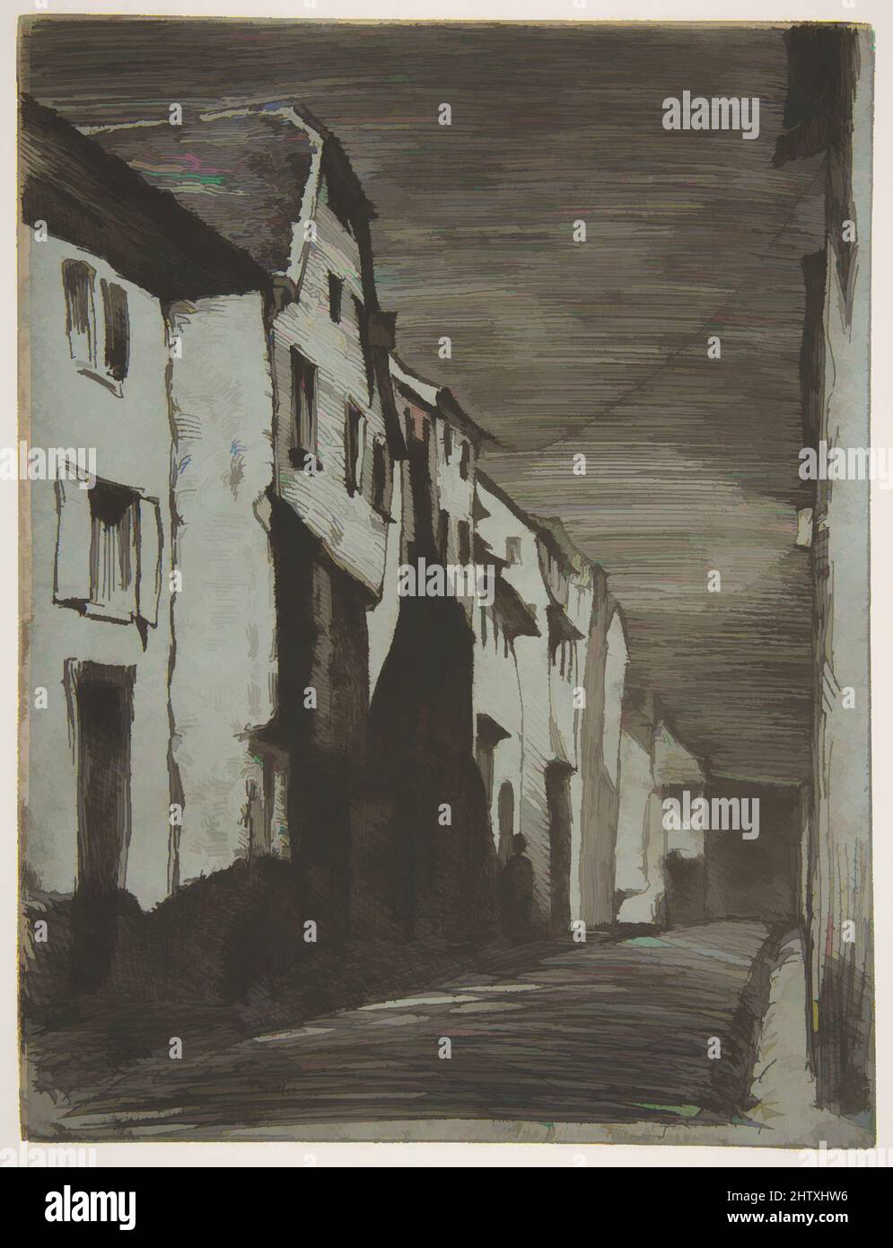 Art Inspired by Street at Saverne, 1858, Radierung und offener Biss- oder Sandpapierboden; Third State of Four (Glasgow); blaue Chine auf cremeweißem, gewebenem Papier (Chine collé), Platte: 8 3/16 × 6 1/4 Zoll (20,8 × 15,9 cm), Drucke, James McNeill Whistler (Amerikaner, Lowell, Massachusetts 1834–1903, Klassisches Werk, das von Artotop mit einem Schuss Moderne modernisiert wurde. Formen, Farbe und Wert, auffällige visuelle Wirkung auf Kunst. Emotionen durch Freiheit von Kunstwerken auf zeitgemäße Weise. Eine zeitlose Botschaft, die eine wild kreative neue Richtung verfolgt. Künstler, die sich dem digitalen Medium zuwenden und die Artotop NFT erschaffen Stockfoto