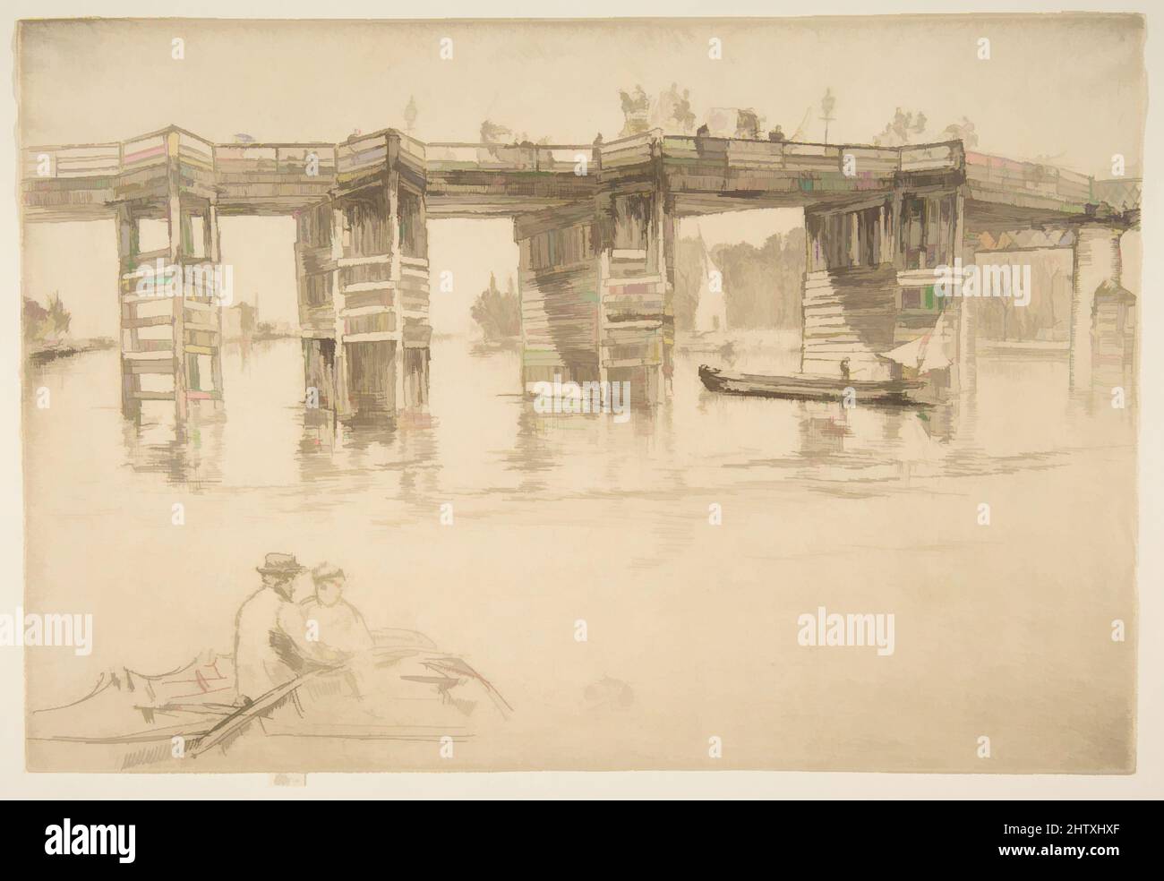 Kunst inspiriert von Old Putney Bridge, 1879, Ätzung und Trockenpunkt; siebte Lage von sieben (Glasgow); gedruckt in dunkelbrauner Tinte auf elfenbeinfarbenem Papier, Platte: 7 7/8 x 11 5/8 Zoll (20 x 29,5 cm), Drucke, James McNeill Whistler (Amerikaner, Lowell, Massachusetts 1834–1903 London, Klassisches Werk, das von Artotop mit einem Schuss Moderne modernisiert wurde. Formen, Farbe und Wert, auffällige visuelle Wirkung auf Kunst. Emotionen durch Freiheit von Kunstwerken auf zeitgemäße Weise. Eine zeitlose Botschaft, die eine wild kreative neue Richtung verfolgt. Künstler, die sich dem digitalen Medium zuwenden und die Artotop NFT erschaffen Stockfoto