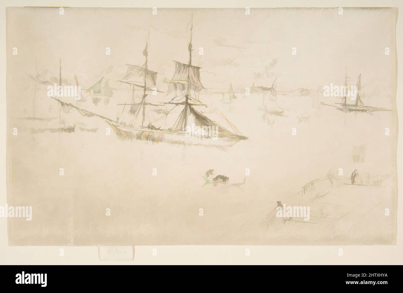 Von der Lagune inspirierte Kunst: Noon, Ätzung und Trockenpunkt; Dritter Staat von drei (Glasgow); gedruckt in schwarzer Tinte auf mittelschwerem elfenbeinfarbenem Papier, Platte: 4 15/16 × 7 15/16 Zoll (12,5 × 20,2 cm), Drucke, James McNeill Whistler (Amerikaner, Lowell, Massachusetts 1834–1903 London, Klassisches Werk, das von Artotop mit einem Schuss Moderne modernisiert wurde. Formen, Farbe und Wert, auffällige visuelle Wirkung auf Kunst. Emotionen durch Freiheit von Kunstwerken auf zeitgemäße Weise. Eine zeitlose Botschaft, die eine wild kreative neue Richtung verfolgt. Künstler, die sich dem digitalen Medium zuwenden und die Artotop NFT erschaffen Stockfoto