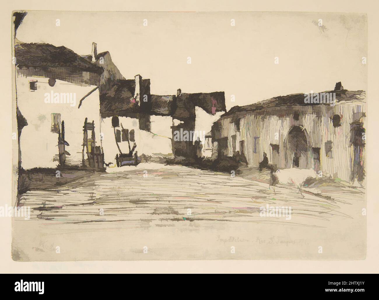Art inspired by Liverdun, 1858, Etching; Third State of Three (Glasgow); gedruckt in schwarzer Tinte auf edlem antik grauem Papier, Platte: 4 3/16 × 6 in. (10,7 × 15,3 cm), Drucke, James McNeill Whistler (Amerikaner, Lowell, Massachusetts 1834–1903 London, Klassisches Werk, das von Artotop mit einem Schuss Moderne modernisiert wurde. Formen, Farbe und Wert, auffällige visuelle Wirkung auf Kunst. Emotionen durch Freiheit von Kunstwerken auf zeitgemäße Weise. Eine zeitlose Botschaft, die eine wild kreative neue Richtung verfolgt. Künstler, die sich dem digitalen Medium zuwenden und die Artotop NFT erschaffen Stockfoto