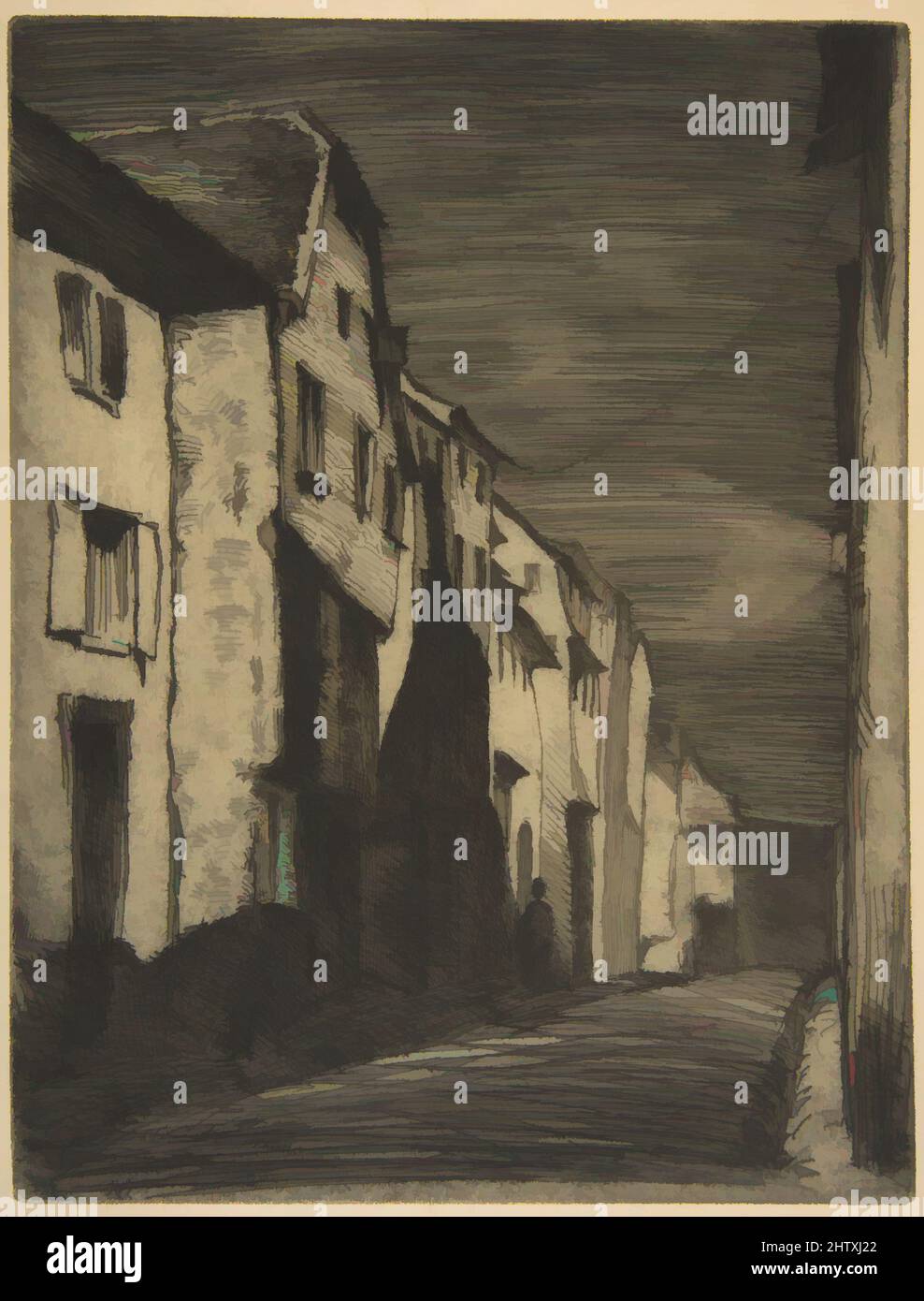 Art Inspired by Street at Saverne, 1858, Radierung und offener Biss- oder Sandpapierboden; vierter Zustand von vier (Glasgow); gedruckt in schwarzer Tinte auf bufffarbenem Japan-Papier, Platte: 8 1/8 × 6 1/4 Zoll (20,7 × 15,9 cm), Drucke, James McNeill Whistler (Amerikaner, Lowell, Massachusetts 1834–1903, Klassisches Werk, das von Artotop mit einem Schuss Moderne modernisiert wurde. Formen, Farbe und Wert, auffällige visuelle Wirkung auf Kunst. Emotionen durch Freiheit von Kunstwerken auf zeitgemäße Weise. Eine zeitlose Botschaft, die eine wild kreative neue Richtung verfolgt. Künstler, die sich dem digitalen Medium zuwenden und die Artotop NFT erschaffen Stockfoto