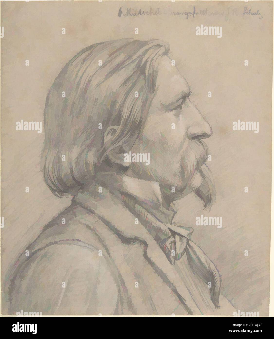 Kunst inspiriert von Portrait of O. Rietschel, ca. 1854, Graphit, mit weißer Kreide verstärkt, 7 9/16 x 6 7/16 Zoll (19,2 x 16,4 cm), Zeichnungen, J. H. Schulz (deutsch, aktiv Mitte des 19.. Jahrhunderts, Klassische Werke, die von Artotop mit einem Schuss Moderne modernisiert wurden. Formen, Farbe und Wert, auffällige visuelle Wirkung auf Kunst. Emotionen durch Freiheit von Kunstwerken auf zeitgemäße Weise. Eine zeitlose Botschaft, die eine wild kreative neue Richtung verfolgt. Künstler, die sich dem digitalen Medium zuwenden und die Artotop NFT erschaffen Stockfoto