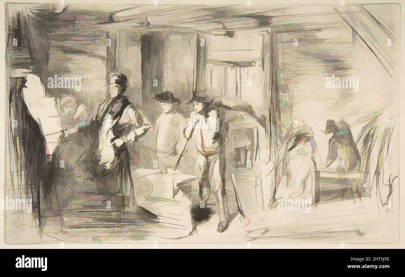 Art Inspired by the Forge, 1861, Drypoint; vierter Zustand von sechs (Glasgow); gedruckt in schwarzer Tinte auf europäischem elfenbeinfarbenem Papier, Platte: 7 1/2 × 12 1/2 Zoll (19,1 × 31,8 cm), Drucke, James McNeill Whistler (Amerikaner, Lowell, Massachusetts 1834–1903 London, Klassisches Werk, das von Artotop mit einem Schuss Moderne modernisiert wurde. Formen, Farbe und Wert, auffällige visuelle Wirkung auf Kunst. Emotionen durch Freiheit von Kunstwerken auf zeitgemäße Weise. Eine zeitlose Botschaft, die eine wild kreative neue Richtung verfolgt. Künstler, die sich dem digitalen Medium zuwenden und die Artotop NFT erschaffen Stockfoto