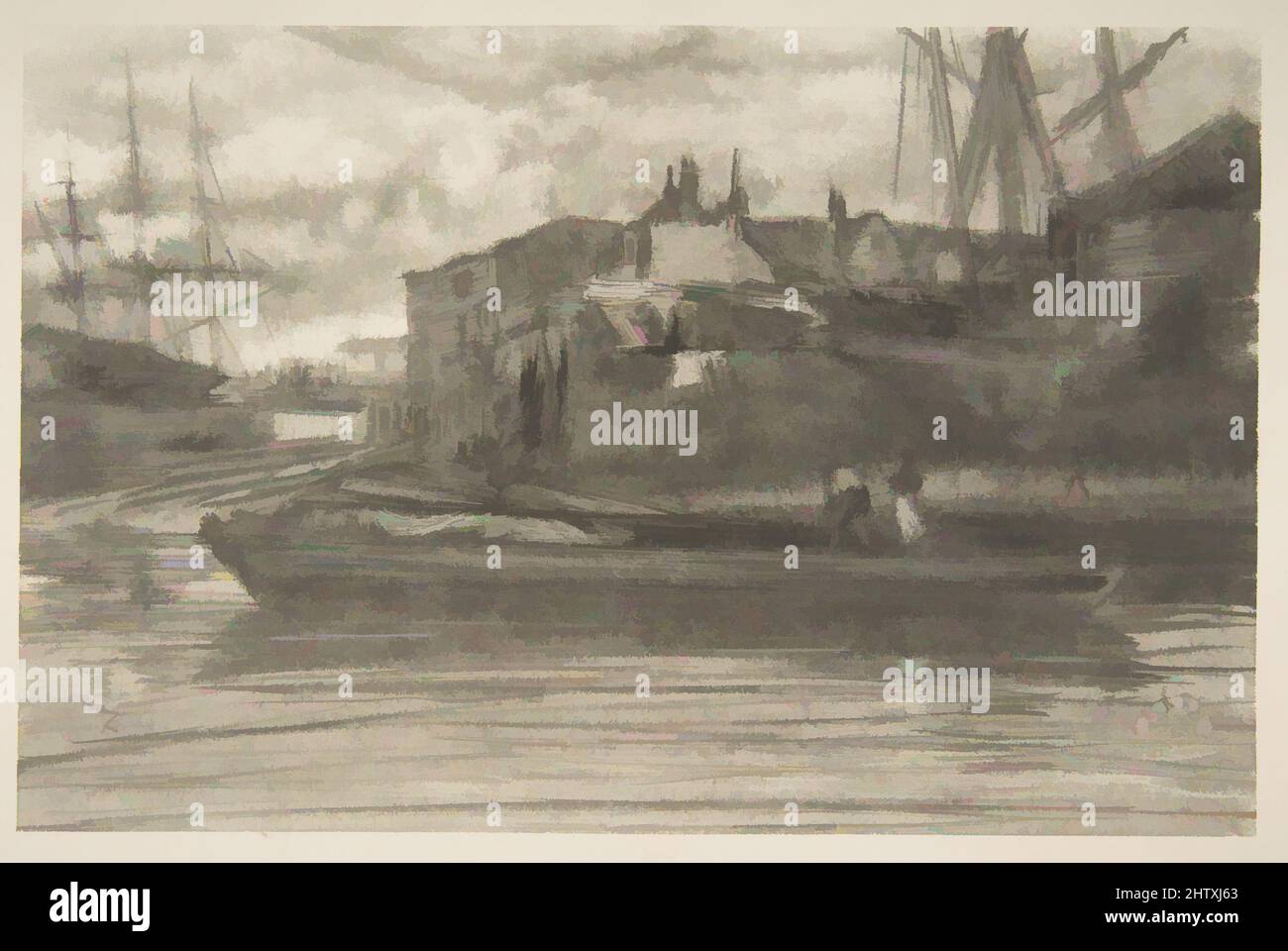 Kunst inspiriert von Limehouse, 1878, Lithotint mit Kratzen und Inkising, auf einem vorbereiteten halbtönigen Boden; zweiter Zustand von drei (Chicago); gedruckt in schwarzer Tinte auf cremefarbenem japanischem Papier, montiert auf weißem Plattenpapier, Platte: 6 3/4 x 10 3/8 Zoll (17,1 x 26,4 cm), Drucke, James McNeill Whistler, Klassisches Werk, modernisiert von Artotop mit einem Schuss Moderne. Formen, Farbe und Wert, auffällige visuelle Wirkung auf Kunst. Emotionen durch Freiheit von Kunstwerken auf zeitgemäße Weise. Eine zeitlose Botschaft, die eine wild kreative neue Richtung verfolgt. Künstler, die sich dem digitalen Medium zuwenden und die Artotop NFT erschaffen Stockfoto